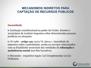 Imunidade
Limitação constitucional ao poder da União, Estados e
municípios de instituir impostos sobre determinadas pessoas
jurídicas ou situações
CF/1988 – artigo 150, inciso VI, alínea c : imunidade de
impostos sobre o patrimônio, renda ou serviços relacionados
com as finalidades essenciais das entidades de educação e
assistência social sem fins lucrativos
Discussão - requisitos legais: Lei Complementar ou Lei
Ordinária
MECANISMOS INDIRETOS PARA
CAPTAÇÃO DE RECURSOS PÚBLICOS
 
