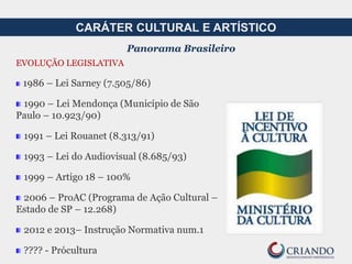 EVOLUÇÃO LEGISLATIVA
1986 – Lei Sarney (7.505/86)
1990 – Lei Mendonça (Município de São
Paulo – 10.923/90)
1991 – Lei Rouanet (8.313/91)
1993 – Lei do Audiovisual (8.685/93)
1999 – Artigo 18 – 100%
2006 – ProAC (Programa de Ação Cultural –
Estado de SP – 12.268)
2012 e 2013– Instrução Normativa num.1
???? - Prócultura
CARÁTER CULTURAL E ARTÍSTICO
Panorama Brasileiro
 