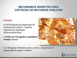 Isenção
Desobrigação do pagamento de
determinado tributo - matéria
regulada por legislação
infraconstitucional
Pode ser revogada a qualquer
tempo (prazo)
A obrigação tributária nasce, porém a organização é
dispensada de pagar o tributo
MECANISMOS INDIRETOS PARA
CAPTAÇÃO DE RECURSOS PÚBLICOS
 
