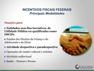 Doações para
Entidades sem fins lucrativos, de
Utilidade Pública ou qualificadas como
OSCIPs
Fundos dos Direitos da Criança e do
Adolescente e do Idoso
Atividade desportiva e paradesportiva
Operações de caráter cultural e artístico
Atividade audiovisual
Saúde – Pronon e Pronas
INCENTIVOS FISCAIS FEDERAIS
Principais Modalidades
 