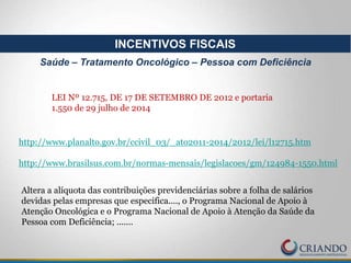 LEI Nº 12.715, DE 17 DE SETEMBRO DE 2012 e portaria
1.550 de 29 julho de 2014
http://www.planalto.gov.br/ccivil_03/_ato2011-2014/2012/lei/l12715.htm
http://www.brasilsus.com.br/normas-mensais/legislacoes/gm/124984-1550.html
Altera a alíquota das contribuições previdenciárias sobre a folha de salários
devidas pelas empresas que especifica...., o Programa Nacional de Apoio à
Atenção Oncológica e o Programa Nacional de Apoio à Atenção da Saúde da
Pessoa com Deficiência; .......
INCENTIVOS FISCAIS
Saúde – Tratamento Oncológico – Pessoa com Deficiência
 