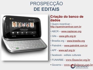 Criação do banco de
dados
• Quero incentivar -
http://queroincentivar.com.br
• ABCR – www.captacao.org
• Gife – www.gife.org.br
• Brasilia.org – www.brasilia.org
• Patrolink – www.patrolink.com.br
• APF - www.apf.org.br
• facebook - editais culturais
• FUNARBE - www.financiar.org.br
• Governo – www.conlicitacao.com.br
PROSPECÇÃO
DE EDITAIS
 