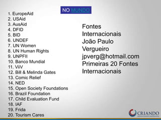 NO MUNDO
1. EuropeAid
2. USAid
3. AusAid
4. DFID
5. BID
6. UNDEF
7. UN Women
8. UN Human Rights
9. UNPFII
10. Banco Mundial
11. ViiV
12. Bill & Melinda Gates
13. Comic Relief
14. NED
15. Open Society Foundations
16. Brazil Foundation
17. Child Evaluation Fund
18. IAF
19. Frida
20. Tourism Cares
Fontes
Internacionais
João Paulo
Vergueiro
jpverg@hotmail.com
Primeiras 20 Fontes
Internacionais
 