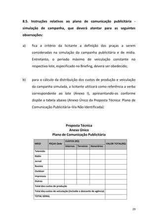 29
8.5. Instruções relativas ao plano de comunicação publicitária -
simulação de campanha, que deverá atentar para as seguintes
observações:
a) fica a critério da licitante a definição das praças a serem
consideradas na simulação da campanha publicitária e de mídia.
Entretanto, o período máximo de veiculação constante no
respectivo lote, especificado no Briefing, deverá ser obedecido;
b) para o cálculo da distribuição dos custos de produção e veiculação
da campanha simulada, a licitante utilizará como referência a verba
correspondente ao lote (Anexo I), apresentando-os conforme
dispõe a tabela abaixo (Anexo Único da Proposta Técnica: Plano de
Comunicação Publicitária–Via Não Identificada):
Proposta Técnica
Anexo Único
Plano de Comunicação Publicitária
MEIO PEÇAS Qtde
CUSTOS (R$)
VALOR TOTAL(R$)
Internos Terceiros Honorários
Televisão
Rádio
Jornal
Revista
Outdoor
Impressos
Outros
Total dos custos de produção
Total dos custos de veiculação (incluído o desconto de agência)
TOTAL GERAL
 