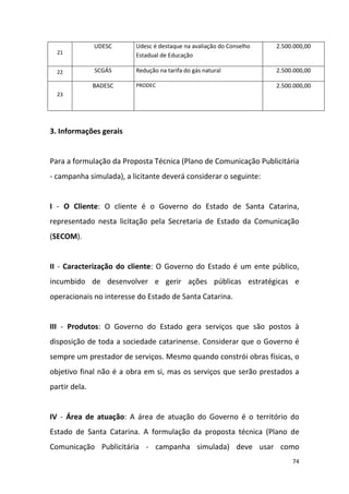 74
21
UDESC Udesc é destaque na avaliação do Conselho
Estadual de Educação
2.500.000,00
22 SCGÁS Redução na tarifa do gás natural 2.500.000,00
23
BADESC PRODEC 2.500.000,00
3. Informações gerais
Para a formulação da Proposta Técnica (Plano de Comunicação Publicitária
- campanha simulada), a licitante deverá considerar o seguinte:
I - O Cliente: O cliente é o Governo do Estado de Santa Catarina,
representado nesta licitação pela Secretaria de Estado da Comunicação
(SECOM).
II - Caracterização do cliente: O Governo do Estado é um ente público,
incumbido de desenvolver e gerir ações públicas estratégicas e
operacionais no interesse do Estado de Santa Catarina.
III - Produtos: O Governo do Estado gera serviços que são postos à
disposição de toda a sociedade catarinense. Considerar que o Governo é
sempre um prestador de serviços. Mesmo quando constrói obras físicas, o
objetivo final não é a obra em si, mas os serviços que serão prestados a
partir dela.
IV - Área de atuação: A área de atuação do Governo é o território do
Estado de Santa Catarina. A formulação da proposta técnica (Plano de
Comunicação Publicitária - campanha simulada) deve usar como
 