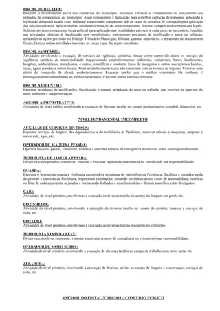 FISCAL DE RECEITA:
Proceder o levantamento fiscal nos comércios do Município, buscando verificar o cumprimento do lançamento dos
impostos de competência do Município; Atuar com esmero e dedicação para a melhor captação de impostos, aplicando a
legislação adequada a cada caso; Informar a autoridade competente sob os casos de tentativa de corrupção para aplicação
das sanções cabíveis; Aplicar multas, mediante orientação do setor competente, fazendo cumprir as determinações legais;
Solicitar do setor competente força policial para aplicação das penalidades cabíveis a cada caso, se necessário; Auxiliar
nas atividades relativas á fiscalização dos contribuintes, instrumento processos de notificação e autos de infração,
aplicando as ações previstas no Código Tributário Municipal; Efetuar, quando necessário, a apreensão de documentos
fiscais;Exercer outras atividades inerentes ao cargo e que lhe sejam correlatas.

FISCAL SANITÁRIO:
Atividades envolvendo a execução de serviços de vigilância sanitária; efetuar sobre supervisão direta os serviços de
vigilância sanitária da municipalidade inspecionando estabelecimentos indústrias, comerciais, bares, lanchonetes,
hospitais, ambulatórios, matadouros, e outros, identificar e combater focos de mosquitos e outros nos terrenos baldios,
valas, águas paradas e outros locais; Atuar estabelecimentos que não condizem com as normas de higiene; Vistoriar para
efeito de concessão de alvará, estabelecimentos; Executar tarefas que o médico veterinário He conferir; È
hierarquicamente subordinado ao médico veterinário; Executar outras tarefas correlatas.

FISCAL AMBIENTAL:
Executar atividades de notificações, fiscalização e demais atividades do setor de trabalho que envolva os aspectos do
meio ambiente e sua preservação.

AGENTE ADMINISTRATIVO:
Atividades de nível médio, envolvendo a execução de diversas tarefas no campo administrativo, contábil, financeiro, etc.


                                     NIVEL FUNDAMENTAL IMCOMPLETO

AUXILIAR DE SERVIÇOS DIVERSOS:
Executar serviços de limpeza das dependências e do mobiliário da Prefeitura, remover móveis e máquinas, preparar e
servir café, água, etc.

OPERADOR DE MÁQUINA PESADA:
Operar a máquina pesada, conservar, vistoriar e executar reparos de emergência no veículo sobre sua responsabilidade.

MOTORISTA DE VIATURA PESADA:
Dirigir veículos pesados, conservar, vistoriar e executar reparos de emergência no veículo sob sua responsabilidade.

GUARDA:
Executar o Serviço de guarda e vigilância garantindo a segurança do patrimônio da Prefeitura, fiscalizar a entrada e saída
de pessoas e matérias da Prefeitura, inspecionar instalações, tomando providencias em casos de anormalidade, verificar
no final de cada experiente se janelas e portas estão fechadas e se as luminárias e demais aparelhos estão desligados.

GARI:
Atividades de nível primário, envolvendo a execução de diversas tarefas no campo de limpeza em geral, etc.

COZINHEIRA:
Atividade de nível primário, envolvendo a execução de diversas tarefas no campo de cozinha, limpeza e serviços de
copa, etc.

COVEIRO:
Atividades de nível primário, envolvendo a execução de diversas tarefas no campo do cemitério.

MOTORISTA VIATURA LEVE:
Dirigir veículos leve, conservar, vistoriar e executar reparos de emergência no veículo sob sua responsabilidade.

OPERADOR DE MOTO SERRA:
Atividade de nível primário, envolvendo a execução de diversas tarefas no campo de trabalho com moto serra, etc.


ZELADORA:
Atividade de nível primário, envolvendo a execução de diversas tarefas no campo de limpeza e conservação, serviços de
copa, etc.




                          ANEXO II DO EDITAL Nº 001/2011 – CONCURSO PUBLICO
 