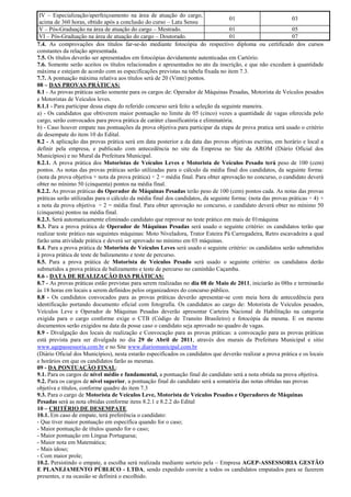 IV – Especialização/aperfeiçoamento na área de atuação do cargo,
                                                                                    01                       03
 acima de 360 horas, obtido após a conclusão do curso – Latu Sensu
 V – Pós-Graduação na área de atuação do cargo – Mestrado.                          01                       05
 VI – Pós-Graduação na área de atuação do cargo – Doutorado.                        01                       07
7.4. As comprovações dos títulos far-se-ão mediante fotocópia do respectivo diploma ou certificado dos cursos
constantes da relação apresentada.
7.5. Os títulos deverão ser apresentados em fotocópias devidamente autenticadas em Cartório.
7.6. Somente serão aceitos os títulos relacionados e apresentados no ato da inscrição, e que não excedam à quantidade
máxima e estejam de acordo com as especificações previstas na tabela fixada no item 7.3.
7.7. A pontuação máxima relativa aos títulos será de 20 (Vinte) pontos.
08 – DAS PROVAS PRÁTICAS:
8.1 - As provas práticas serão somente para os cargos de: Operador de Máquinas Pesadas, Motorista de Veículos pesados
e Motoristas de Veículos leves.
8.1.1 - Para participar dessa etapa do referido concurso será feito a seleção da seguinte maneira.
a) - Os candidatos que obtiverem maior pontuação no limite de 05 (cinco) vezes a quantidade de vagas oferecida pelo
cargo, serão convocados para prova prática de caráter classificatória e eliminatória.
b) - Caso houver empate nas pontuações da prova objetiva para participar da etapa de prova pratica será usado o critério
de desempate do item 10 do Edital.
8.2 - A aplicação das provas prática será em data posterior a da data das provas objetivas escritas, em horário e local a
definir pela empresa, e publicado com antecedência no site da Empresa no Site da AROM (Diário Oficial dos
Municípios) e no Mural da Prefeitura Municipal.
8.2.1. A prova prática dos Motoristas de Veículos Leves e Motorista de Veículos Pesado terá peso de 100 (cem)
pontos. As notas das provas práticas serão utilizadas para o cálculo da média final dos candidatos, da seguinte forma:
(nota da prova objetiva + nota da prova prática) ÷ 2 = média final. Para obter aprovação no concurso, o candidato deverá
obter no mínimo 50 (cinquenta) pontos na média final.
8.2.2. As provas práticas do Operador de Máquinas Pesadas terão peso de 100 (cem) pontos cada. As notas das provas
práticas serão utilizadas para o cálculo da média final dos candidatos, da seguinte forma: (nota das provas práticas ÷ 4) +
a nota da prova objetiva ÷ 2 = média final. Para obter aprovação no concurso, o candidato deverá obter no mínimo 50
(cinquenta) pontos na média final.
8.2.3. Será automaticamente eliminado candidato que reprovar no teste prático em mais de 01máquina
8.3. Para a prova prática de Operador de Máquinas Pesadas será usado o seguinte critério: os candidatos terão que
realizar teste prático nas seguintes máquinas: Moto Niveladora, Trator Esteira Pá Carregadeira, Retro escavadeira a qual
farão uma atividade prática e deverá ser aprovado no mínimo em 03 máquinas.
8.4. Para a prova prática de Motorista de Veículos Leves será usado o seguinte critério: os candidatos serão submetidos
à prova prática de teste de balizamento e teste de percurso.
8.5. Para a prova prática de Motorista de Veículos Pesado será usado o seguinte critério: os candidatos derão
submetidos a prova prática de balizamento e teste de percurso no caminhão Caçamba.
8.6 - DATA DE REALIZAÇÃO DAS PRÁTICAS:
8.7 - As provas práticas estão previstas para serem realizadas no dia 08 de Maio de 2011, iniciarão às 08hs e terminarão
às 18 horas em locais a serem definidos pelos organizadores do concurso público.
8.8 - Os candidatos convocados para as provas práticas deverão apresentar-se com meia hora de antecedência para
identificação portando documento oficial com fotografia. Os candidatos ao cargo de: Motorista de Veículos pesados,
Veículos Leve e Operador de Máquinas Pesadas deverão apresentar Carteira Nacional de Habilitação na categoria
exigida para o cargo conforme exige o CTB (Código de Transito Brasileiro) e fotocópia da mesma. E os mesmo
documentos serão exigidos na data da posse caso o candidato seja aprovado no quadro de vagas.
8.9 - Divulgação dos locais de realização e Convocação para as provas práticas: a convocação para as provas práticas
está prevista para ser divulgada no dia 29 de Abril de 2011, através dos murais da Prefeitura Municipal e sitio
www.agepassessoria.com.br e no Site www.diariomunicipal.com.br
(Diário Oficial dos Municípios), nesta estarão especificados os candidatos que deverão realizar a prova prática e os locais
e horários em que os candidatos farão as mesmas.
09 - DA PONTUAÇÃO FINAL:
9.1. Para os cargos de nível médio e fundamental, a pontuação final do candidato será a nota obtida na prova objetiva.
9.2. Para os cargos de nível superior, a pontuação final do candidato será a somatória das notas obtidas nas provas
objetiva e títulos, conforme quadro do item 7.3
9.3. Para o cargo de Motorista de Veículos Leve, Motorista de Veículos Pesados e Operadores de Máquinas
Pesadas será as nota obtidas conforme itens 8.2.1 e 8.2.2 do Edital
10 – CRITÉRIO DE DESEMPATE
10.1. Em caso de empate, terá preferência o candidato:
- Que tiver maior pontuação em específica quando for o caso;
- Maior pontuação de títulos quando for o caso;
- Maior pontuação em Língua Portuguesa;
- Maior nota em Matemática;
- Mais idoso;
- Com maior prole;
10.2. Persistindo o empate, a escolha será realizada mediante sorteio pela – Empresa AGEP-ASSESSORIA GESTÃO
E PLANEJAMENTO PÚBLICO - LTDA, sendo expedido convite a todos os candidatos empatados para se fazerem
presentes, e na ocasião se definirá o escolhido.
 