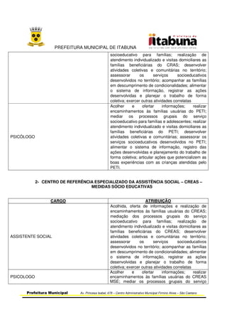 PREFEITURA MUNICIPAL DE ITABUNA
Prefeitura Municipal Av. Princesa Isabel, 678 – Centro Administrativo Municipal Firmino Alves – São Caetano
socioeducativo para famílias; realização de
atendimento individualizado e visitas domiciliares as
famílias beneficiárias do CRAS; desenvolver
atividades coletivas e comunitárias no território;
assessorar os serviços socioeducativos
desenvolvidos no território; acompanhar as famílias
em descumprimento de condicionalidades; alimentar
o sistema de informação, registrar as ações
desenvolvidas e planejar o trabalho de forma
coletiva; exercer outras atividades correlatas
PSICÓLOGO
Acolher e ofertar informações; realizar
encaminhamentos às famílias usuárias do PETI;
mediar os processos grupais do serviço
socioeducativo para famílias e adolescentes; realizar
atendimento individualizado e visitas domiciliares as
famílias beneficiárias do PETI; desenvolver
atividades coletivas e comunitárias; assessorar os
serviços socioeducativos desenvolvidos no PETI;
alimentar o sistema de informação, registro das
ações desenvolvidas e planejamento do trabalho de
forma coletiva; articular ações que potencializem as
boas experiências com as crianças atendidas pelo
PETI.
2- CENTRO DE REFERÊNCIA ESPECIALIZADO DA ASSISTÊNCIA SOCIAL – CREAS –
MEDIDAS SÓCIO EDUCATIVAS
CARGO ATRIBUIÇÃO
ASSISTENTE SOCIAL
Acolhida, oferta de informações e realização de
encaminhamentos às famílias usuárias do CREAS;
mediação dos processos grupais do serviço
socioeducativo para famílias; realização de
atendimento individualizado e visitas domiciliares as
famílias beneficiárias do CREAS; desenvolver
atividades coletivas e comunitárias no território;
assessorar os serviços socioeducativos
desenvolvidos no território; acompanhar as famílias
em descumprimento de condicionalidades; alimentar
o sistema de informação, registrar as ações
desenvolvidas e planejar o trabalho de forma
coletiva; exercer outras atividades correlatas
PSICOLOGO
Acolher e ofertar informações; realizar
encaminhamentos às famílias usuárias do CREAS
MSE; mediar os processos grupais do serviço
 