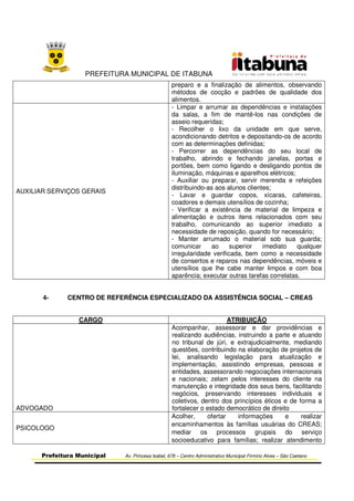 PREFEITURA MUNICIPAL DE ITABUNA
Prefeitura Municipal Av. Princesa Isabel, 678 – Centro Administrativo Municipal Firmino Alves – São Caetano
preparo e a finalização de alimentos, observando
métodos de cocção e padrões de qualidade dos
alimentos.
AUXILIAR SERVIÇOS GERAIS
- Limpar e arrumar as dependências e instalações
da salas, a fim de mantê-los nas condições de
asseio requeridas;
- Recolher o lixo da unidade em que serve,
acondicionando detritos e depositando-os de acordo
com as determinações definidas;
- Percorrer as dependências do seu local de
trabalho, abrindo e fechando janelas, portas e
portões, bem como ligando e desligando pontos de
iluminação, máquinas e aparelhos elétricos;
- Auxiliar ou preparar, servir merenda e refeições
distribuindo-as aos alunos clientes;
- Lavar e guardar copos, xícaras, cafeteiras,
coadores e demais utensílios de cozinha;
- Verificar a existência de material de limpeza e
alimentação e outros itens relacionados com seu
trabalho, comunicando ao superior imediato a
necessidade de reposição, quando for necessário;
- Manter arrumado o material sob sua guarda;
comunicar ao superior imediato qualquer
irregularidade verificada, bem como a necessidade
de consertos e reparos nas dependências, móveis e
utensílios que lhe cabe manter limpos e com boa
aparência; executar outras tarefas correlatas.
4- CENTRO DE REFERÊNCIA ESPECIALIZADO DA ASSISTÊNCIA SOCIAL – CREAS
CARGO ATRIBUIÇÃO
ADVOGADO
Acompanhar, assessorar e dar providências e
realizando audiências, instruindo a parte e atuando
no tribunal de júri, e extrajudicialmente, mediando
questões, contribuindo na elaboração de projetos de
lei, analisando legislação para atualização e
implementação, assistindo empresas, pessoas e
entidades, assessorando negociações internacionais
e nacionais; zelam pelos interesses do cliente na
manutenção e integridade dos seus bens, facilitando
negócios, preservando interesses individuais e
coletivos, dentro dos princípios éticos e de forma a
fortalecer o estado democrático de direito
PSICOLOGO
Acolher, ofertar informações e realizar
encaminhamentos às famílias usuárias do CREAS;
mediar os processos grupais do serviço
socioeducativo para famílias; realizar atendimento
 