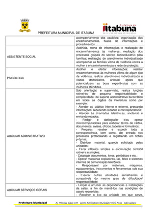 PREFEITURA MUNICIPAL DE ITABUNA
Prefeitura Municipal Av. Princesa Isabel, 678 – Centro Administrativo Municipal Firmino Alves – São Caetano
acompanhamento dos usuários; organização dos
encaminhamentos, fluxos de informações e
procedimentos.
ASSISTENTE SOCIAL
Acolhida, oferta de informações e realização de
encaminhamentos às mulheres; mediação dos
processos grupais do serviço socioeducativo para
famílias; realização de atendimento individualizado
acompanhar as famílias vitima de violência contra a
mulher e encaminhamento para rede de proteção.
PSICOLOGO
Acolher e ofertar informações; realizar
encaminhamentos às mulheres vitima de algum tipo
de violência, realizar atendimento individualizado e
visitas domiciliares, articular ações que
potencializem as boas experiências com as
mulheres atendidas.
AUXILIAR ADMINISTRATIVO
Sob orientação e supervisão, realiza funções
rotineiras de pequena responsabilidade e
complexidade, de suporte administrativo burocrático
em todos os órgãos da Prefeitura como por
exemplo:
- Atender ao público interno e externo, prestando
informações, recebendo recados e correspondência;
- Atender às chamadas telefônicas, anotando e
enviando recados;
- Redigir e datilografar e/ou operar
microcomputadores para elaborar textos de cartas,
documentos, avisos, ofícios, tabelas e formulários;
- Preparar, receber e expedir toda a
correspondência, bem como, dar entrada nos
processos protocolando e registrando em fichas
próprias;
- Distribuir material, quando solicitado pelas
unidades;
- Fazer cálculos simples e escrituração contábil
rotineira e simples;
- Catalogar documentos, livros, periódicos e etc.;
- Operar máquinas copiadoras, fax, telex e sistemas
internos de comunicação telefônica;
- Responsável por materiais, máquinas,
equipamentos, instrumentos e ferramentas sob sua
responsabilidade;
- Exercer outras atividades semelhantes e
compatíveis do mesmo grau de dificuldade/
responsabilidade.
AUXILIAR SERVIÇOS GERAIS
- Limpar e arrumar as dependências e instalações
da salas, a fim de mantê-los nas condições de
asseio requeridas;
- Recolher o lixo da unidade em que serve,
 