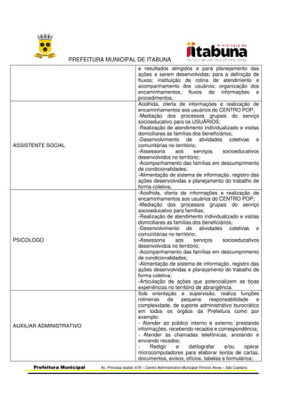 PREFEITURA MUNICIPAL DE ITABUNA
Prefeitura Municipal Av. Princesa Isabel, 678 – Centro Administrativo Municipal Firmino Alves – São Caetano
e resultados atingidos e para planejamento das
ações a serem desenvolvidas; para a definição de
fluxos; instituição de rotina de atendimento e
acompanhamento dos usuários; organização dos
encaminhamentos, fluxos de informações e
procedimentos.
ASSISTENTE SOCIAL
Acolhida, oferta de informações e realização de
encaminhamentos aos usuários do CENTRO POP;
-Mediação dos processos grupais do serviço
socioeducativo para os USUÁRIOS;
-Realização de atendimento individualizado e visitas
domiciliares as famílias dos beneficiários;
-Desenvolvimento de atividades coletivas e
comunitárias no território;
-Assessoria aos serviços socioeducativos
desenvolvidos no território;
-Acompanhamento das famílias em descumprimento
de condicionalidades;
-Alimentação de sistema de informação, registro das
ações desenvolvidas e planejamento do trabalho de
forma coletiva;
PSICOLOGO
-Acolhida, oferta de informações e realização de
encaminhamentos aos usuários do CENTRO POP;
-Mediação dos processos grupais do serviço
socioeducativo para famílias;
-Realização de atendimento individualizado e visitas
domiciliares as famílias dos beneficiários;
-Desenvolvimento de atividades coletivas e
comunitárias no território;
-Assessoria aos serviços socioeducativos
desenvolvidos no território;
-Acompanhamento das famílias em descumprimento
de condicionalidades;
-Alimentação de sistema de informação, registro das
ações desenvolvidas e planejamento do trabalho de
forma coletiva;
-Articulação de ações que potencializem as boas
experiências no território de abrangência.
AUXILIAR ADMINISTRATIVO
Sob orientação e supervisão, realiza funções
rotineiras de pequena responsabilidade e
complexidade, de suporte administrativo burocrático
em todos os órgãos da Prefeitura como por
exemplo:
- Atender ao público interno e externo, prestando
informações, recebendo recados e correspondência;
- Atender às chamadas telefônicas, anotando e
enviando recados;
- Redigir e datilografar e/ou operar
microcomputadores para elaborar textos de cartas,
documentos, avisos, ofícios, tabelas e formulários;
 