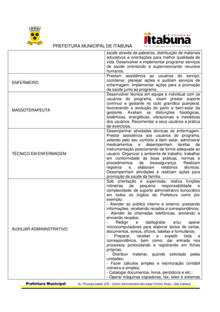 PREFEITURA MUNICIPAL DE ITABUNA
Prefeitura Municipal Av. Princesa Isabel, 678 – Centro Administrativo Municipal Firmino Alves – São Caetano
saúde através de palestras, distribuição de materiais
educativos e orientações para melhor qualidade de
vida. Desenvolver e implementar programar serviços
de saúde orientando e supervisionando recursos
humanos.
ENFERMEIRO
Prestam assistência ao usuários do serviço;
coordenar, planejar ações e auditam serviços de
enfermagem. Implementar ações para a promoção
da saúde junto ao programa.
MASSOTERAPEUTA
Desenvolver técnica em equipe e individual com os
usuários do programa, visam prestar suporte
contínuo a gestante no ciclo gravídico puerperal,
favorecendo a evolução do parto e bem-estar da
gestante. Avaliam as disfunções fisiológicas,
sistêmicas, energéticas, vibracionais e inestéticas
dos usuários. Recomendar a seus usuários a prática
de exercícios.
TÉCNICO EM ENFERMAGEM
Desempenhar atividades técnicas de enfermagem.
Prestar assistência aos usuários do programa,
zelando pelo seu conforto e bem estar, administrar
medicamentos e desempenham tarefas de
instrumentação posicionando de forma adequada ao
usuário. Organizar o ambiente de trabalho, trabalhar
em conformidade às boas práticas, normas e
procedimentos de biossegurança. Realizam
registros e elaboram relatórios técnicos.
Desempenham atividades e realizam ações para
promoção da saúde da família.
AUXILIAR ADMININSTRATIVO
Sob orientação e supervisão, realiza funções
rotineiras de pequena responsabilidade e
complexidade, de suporte administrativo burocrático
em todos os órgãos da Prefeitura como por
exemplo:
- Atender ao público interno e externo, prestando
informações, recebendo recados e correspondência;
- Atender às chamadas telefônicas, anotando e
enviando recados;
- Redigir e datilografar e/ou operar
microcomputadores para elaborar textos de cartas,
documentos, avisos, ofícios, tabelas e formulários;
- Preparar, receber e expedir toda a
correspondência, bem como, dar entrada nos
processos protocolando e registrando em fichas
próprias;
- Distribuir material, quando solicitado pelas
unidades;
- Fazer cálculos simples e escrituração contábil
rotineira e simples;
- Catalogar documentos, livros, periódicos e etc.;
- Operar máquinas copiadoras, fax, telex e sistemas
 
