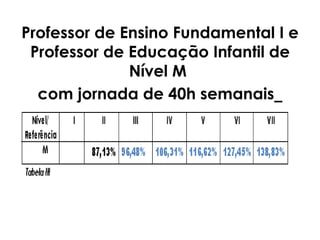 Professor de Ensino Fundamental I e Professor de Educação Infantil de Nível M  com jornada de 40h semanais   