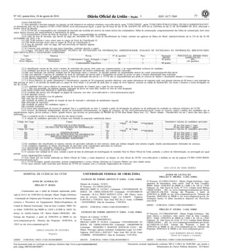 Nº 163, quarta-feira, 24 de agosto de 2016 77ISSN 1677-7069
Este documento pode ser verificado no endereço eletrônico http://www.in.gov.br/autenticidade.html,
pelo código 00032016082400077
Documento assinado digitalmente conforme MP no- 2.200-2 de 24/08/2001, que institui a
Infraestrutura de Chaves Públicas Brasileira - ICP-Brasil.
3
4.DAS INSCRIÇÕES
4.1.Será admitida a inscrição somente via internet, no link disponível no endereço eletrônico www.uftm.edu.br, menu "CONCURSOS", opção "CONCURSO PÚBLICO PARA TÉCNICO-ADMINISTRATIVO",
ou diretamente pelo site da empresa CETRO CONCURSOS www.cetroconcursos.org.br, a partir das 08 horas do dia 30 DE AGOSTO DE 2016 até às 23h59min do dia 23 DE SETEMBRO DE 2016, observado o
horário oficial de Brasília.
4.2.A UFTM não se responsabiliza por solicitação de inscrição não recebida por motivos de ordem técnica dos computadores, falhas de comunicação, congestionamentos das linhas de comunicação, bem como
outros fatores técnicos que impossibilitem a transferência de dados.
4.3.O preenchimento correto da ficha de inscrição é de inteira responsabilidade do candidato.
4.4.O valor da taxa de inscrição, que deverá ser pago por intermédio de GRU (Guia de Recolhimento da União), somente nas agências do Banco do Brasil, impreterivelmente até às 21h do dia 26 DE
SETEMBRO DE 2016, é de:
4.4.1.R$ 75,00 (setenta e cinco reais), para os cargos de Nível de Classificação D;
4.4.2.R$ 90,00 (noventa reais), para os cargos de Nível de Classificação E;
4.5.A taxa de inscrição, uma vez paga, não será devolvida em hipótese alguma.
5.DAS PROVAS
5.1.O Concurso será realizado em uma única Etapa/fase, conforme descrito a seguir:
5.1.1.Cargos: TÉCNICO EM ELETRECIDADE, TÉCNICO DE TECNOLOGIA DA INFORMAÇÃO, ADMINISTRADOR, ANALISTA DE TECNOLOGIA DA INFORMAÇÃO; BIBLIOTECÁRIO-
DOCUMENTALISTA E ENGENHEIRO AGRÔNOMO:
Fases Natureza Provas Nº de questões Peso Pontuação
Máxima
PERCENTUAL MÍNIMO PARA
HABILITAÇÃO
Fase Única:
Prova Objetiva
Classificatória e
Eliminatória
Conhecimentos Gerais: Português e Legis-
lação
20 2 40 pontos 60%
(30 questões)
Conhecimentos Específicos 30 2 60 pontos
5.2.A identificação correta do dia, local e horário de realização das provas, bem como seu comparecimento, é de responsabilidade exclusiva do candidato.
5.3.O candidato que deixar de comparecer à prova, rigorosamente em horário estabelecido, será considerado reprovado.
5.4.Não será fornecido, por telefone, nenhum tipo de informação sobre o concurso. As dúvidas poderão ser encaminhadas através do e-mail concursos@prorh.uftm.edu.br.
5.5.Não será admitido o ingresso de candidato no local de realização das provas após o fechamento do portão de acesso ou após o horário determinado para realização.
5.6.Não haverá funcionamento de guarda-volumes no local de realização das provas e a UFTM não se responsabilizará por perda ou extravio de objetos e documentos durante o Concurso.
5.7.DA PROVA OBJETIVA - TODOS OS CARGOS:
5.7.1.A Prova Objetiva, de caráter eliminatório e classificatório, constará de 50 (cinquenta) questões objetivas, com quatro alternativas de respostas cada, terá duração máxima de 04 horas e será realizada na
data prevista no item 3, no período da manhã para os cargos de nível médio e no período da tarde para os cargos de nível superior, somente na cidade de Iturama-MG, nos locais e horários a serem divulgados no
site da UFTM.
5.7.2.O candidato fará a prova objetiva no município de localização do Campus para o qual fez sua inscrição.
5.7.2.1. Não será permitida, em hipótese alguma, realização da prova em outra data, horário ou fora do local designado.
6.DO RESULTADO DAS PROVAS E DOS RECURSOS
6.1.O resultado das provas será divulgado na página do concurso, nos sites: www.uftm.edu.br e www.cetroconcursos.org.br.
6.2.Será admitido recurso:
a)do conteúdo das questões e/ou do gabarito;
b)de cada fase do concurso;
c)do resultado da análise do pedido de isenção de taxa de inscrição e solicitação de atendimento especial;
d)da efetivação de inscrições;
e)do resultado da análise dos candidatos negros; e
f)do resultado preliminar.
6.3.O prazo para interposição de recurso de qualquer fase é o estabelecido no item 3, contado a partir da divulgação do gabarito ou da publicação do resultado no endereço eletrônico da UFTM.
6.4.O recurso, devidamente fundamentado, deverá ser preenchido eletronicamente, na página do concurso, no site www.cetroconcursos.org.br, exceto os recursos contra a análise dos candidatos que se
autodeclararam negros, provas práticas e títulos, quando houver, que deverão ser protocolados na PRORH da UFTM (Rua Madre Maria José, 122 - Bairro Abadia - Uberaba-MG) em até 2 (dois) dias úteis após a
publicação.
7.DA CLASSIFICAÇÃO E HOMOLOGAÇÃO DO RESULTADO
7.1.A relação de candidatos aprovados no certame será limitada na proporção estabelecida abaixo:
Código dos Cargo Cargos Nº. de Vagas Quantitativo máximo de candidatos aprovados
*AC **PNE ***NEGROS
201 TÉCNICO EM ELETRECIDADE 01 - - 05 por lista (para 1 vaga)
202 TÉCNICO EM TECNOLOGIA DA INFORMAÇÃO 02 - - 09 por lista (para 2 vagas)
Código dos Cargo Cargos Nº. de Vagas Quantitativo máximo de candidatos aprovados
*AC **PNE ***NEGROS
301 ADMINISTRADOR 01 - - 05 por lista (para 1 vaga)
302 ANALISTA DE TECNOLOGIA DA INFORMAÇÃO 01 - - 05 por lista (para 1 vaga)
303 BIBLIOTECÁRIO-DOCUMENTALISTA 02 - - 09 por lista (para 2 vagas)
304 ENGENHEIRO AGRÔNOMO 01 - - 05 por lista (para 1 vaga)
7.2.Os candidatos não classificados no número máximo de aprovados indicado no item anterior, ainda que tenham atingido nota mínima exigida, estarão automaticamente eliminados do concurso.
7.3.Os candidatos empatados na última classificação de aprovados serão considerados aprovados no concurso.
7.4.A classificação dos candidatos obedecerá à ordem decrescente da nota final.
8.DO PRAZO DE VALIDADE DO CONCURSO
8.1.O concurso terá validade de 02 anos, contado a partir da data de publicação da homologação do resultado final no Diário Oficial da União, podendo, a critério da Administração, ser prorrogado por igual
período.
9.DAS DISPOSIÇÕES GERAIS
9.1.Este Edital terá seu extrato publicado no Diário Oficial da União, e estará disponível, na íntegra, no sítio oficial da UFTM: www.uftm.edu.br e também no site da empresa CETRO CONCURSOS:
www.cetroconcursos.org.br.
9.2.A UFTM divulgará, quando necessário, normas complementares e avisos oficiais referentes ao Concurso Público nos sites citados acima.
9.3.Os casos omissos serão resolvidos pela Reitora da UFTM em conjunto com a Comissão Organizadora do Concurso.
ANA LÚCIA DE ASSIS SIMÕES
HOSPITAL DE CLÍNICAS DA UFTM
AVISO DE ALTERAÇÃO
PREGÃO Nº 30/2016
Comunicamos que o edital da licitação supracitada, publi-
cada no D.O.U de 12/08/2016 foi alterado. Objeto: Pregão Eletrônico
- Contratação de Empresa para Prestação de Serviços de Manutenção
corretiva e Preventiva em Equipamentos Médico-Hospitalares da
Central de Material Esterilizado. Total de Itens Licitados: 00001 No-
vo Edital: 24/08/2016 das 08h00 às 11h30 e d13h00 às 16h30. En-
dereço: Av. Getúlio Guaritá, 130 - Bairro Abadia UBERABA - MG.
Entrega das Propostas: a partir de 24/08/2016 às 08h00 no site
www.comprasnet.gov.br. Abertura das Propostas: 05/09/2016, às
13h33 no site www.comprasnet.gov.br.
GISELE GALENO DE OLIVEIRA
Pregoeira
(SIDEC - 23/08/2016) 150221-15242-2016NE800053
UNIVERSIDADE FEDERAL DE UBERLÂNDIA
EXTRATO DE TERMO ADITIVO Nº 6/2016 - UASG 154043
Número do Contrato: 32/2012.
Nº Processo: 23117005012201261.
PREGÃO SISPP Nº 122/2012. Contratante: UNIVERSIDADE FE-
DERAL DE UBERLANDIACNPJ Contratado: 05144916000139.
Contratado : W.A.G. PRINT SERVICE LTDA - ME -Objeto: Acrés-
cimo de serviços. Fundamento Legal: Lei 8.666/93 . Vigência:
01/09/2016 a 17/09/2016. Valor Total: R$2.361,31. Fonte: 112000000
- 2016NE800442. Data de Assinatura: 17/08/2016.
(SICON - 23/08/2016) 154043-15260-2016NE800313
EXTRATO DE TERMO ADITIVO Nº 2/2016 - UASG 154043
Número do Contrato: 51/2014.
Nº Processo: 23117004220201412.
PREGÃO SISPP Nº 83/2014. Contratante: UNIVERSIDADE FE-
DERAL DE UBERLANDIACNPJ Contratado: 14464882000150.
Contratado : PINHEIRO E MARTINS SERVICOS LTDA.-- ME.
Objeto: Prorrogar vigência contratual. Fundamento Legal: Lei 8.666 .
Vigência: 28/07/2016 a 28/07/2017. Valor Total: R$1.101,04. Fonte:
112000000 - 2016NE800333. Data de Assinatura: 15/07/2016.
(SICON - 23/08/2016) 154043-15260-2016NE800313
AVISOS DE LICITAÇÃO
PREGÃO Nº 100/2016 - UASG 154043
Nº Processo: 23117005153201615 . Objeto: Pregão Eletrônico - Equi-
pamentos de Informática, entre outros. Total de Itens Licitados:
00004. Edital: 24/08/2016 de 08h00 às 11h00 e de 14h às 17h30.
Endereço: Av. João Naves de Ávila, Nº 2121, Campus Santa Mônica
UBERLANDIA - MG ou www.comprasgovernamentais.gov.br/edi-
tal/154043-05-100-2016. Entrega das Propostas: a partir de
24/08/2016 às 08h00 no site www.comprasnet.gov.br. Abertura das
Propostas: 09/09/2016 às 09h00 n site www.comprasnet.gov.br. In-
formações Gerais: O edital encontra-se dispoível em www.licita-
coes.ufu.br
(SIDEC - 23/08/2016) 154043-15260-2016NE800313
PREGÃO Nº 115/2016 - UASG 154043
Nº Processo: 23117006346201685 . Objeto: Pregão Eletrônico - Ma-
terial elétrico e eletrônico, entre outros Total de Itens Licitados:
00211. Edital: 24/08/2016 de 08h00 às 11h00 e de 14h às 17h30.
Endereço: Av. João Naves de Ávila, Nº 2121, Campus Santa Mônica
UBERLANDIA - MG ou www.comprasgovernamentais.gov.br/edi-
tal/154043-05-115-2016. Entrega das Propostas: a partir de
24/08/2016 às 08h00 no site www.comprasnet.gov.br. Abertura das
Propostas: 09/09/2016 às 09h00 n site www.comprasnet.gov.br.
LUIZ ROBERTO SOUZA VIEIRA
Diretor de Compras e Licitações
(SIDEC - 23/08/2016) 154043-15260-2016NE800313
 