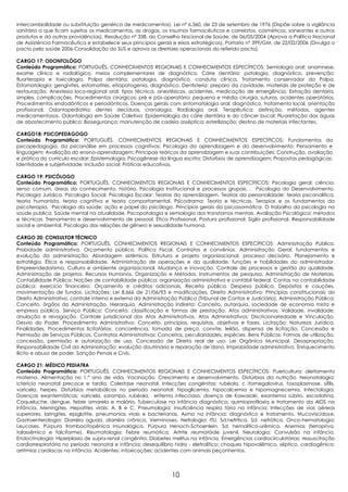 intercambialidade ou substituição genérica de medicamentos). Lei nº 6.360, de 23 de setembro de 1976 (Dispõe sobre a vigilância
sanitária a que ficam sujeitos os medicamentos, as drogas, os insumos farmacêuticos e correlatos, cosméticos, saneantes e outros
produtos e dá outras providências). Resolução nº 338, do Conselho Nacional de Saúde, de 06/05/2004 (Aprova a Política Nacional
de Assistência Farmacêutica e estabelece seus princípios gerais e eixos estratégicos). Portaria nº 399/GM, de 22/02/2006 (Divulga o
pacto pela saúde 2006-Consolidação do SUS e aprova as diretrizes operacionais do referido pacto).

CARGO 17: ODONTOLÓGO
Conteúdo Programático: PORTUGUÊS, CONHECIMENTOS REGIONAIS E CONHECIMENTOS ESPECÍFICOS: Semiologia oral: anamnese,
exame clínico e radiológico, meios complementares de diagnóstico. Cárie dentária: patologia, diagnóstico, prevenção;
fluorterapia e toxicologia. Polpa dentária: patologia, diagnóstico, conduta clínica. Tratamento conservador da Polpa.
Estomatologia: gengivites, estomatites, etiopatogenia, diagnóstico. Dentisteria: preparo da cavidade, materiais de proteção e de
restauração. Anestesia loco-regional oral: tipos técnica, anestésicos, acidentes, medicação de emergência. Extração dentária,
simples, complicações. Procedimentos cirúrgicos: pré e pós-operatório; pequena e média cirurgia, suturas, acidentes operatórios.
Procedimentos endodônticos e periodônticos. Doenças gerais com sintomatologia oral: diagnóstico, tratamento local, orientação
profissional. Odontopediatria: dentes decíduos, cronologia. Radiologia oral. Terapêutica: definição, métodos, agentes
medicamentosos. Odontologia em Saúde Coletiva; Epidemiologia da cárie dentária e do câncer bucal; Fluoretação das águas
de abastecimento público; Biosegurança: manutenção de cadeia asséptica; esterilização; destino de materiais infectantes.

CARGO18: PSICOPEDAGOGO
Conteúdo Programático: PORTUGUÊS, CONHECIMENTOS REGIONAIS E CONHECIMENTOS ESPECÍFICOS: Fundamentos da
psicopedagogia, da psicanálise em processos cognitivos; Psicologia da aprendizagem e do desenvolvimento; Pensamento e
linguagem; Avaliação do ensino-aprendizagem; Principais teóricos da aprendizagem e suas contribuições; Construção, avaliação
e prática do currículo escolar; Epistemologia; Psicogênese da língua escrita; Distúrbios de aprendizagem; Propostas pedagógicas;
Identidade e subjetividade; Inclusão social; Práticas educativas.

CARGO 19: PSICÓLOGO
Conteúdo Programático: PORTUGUÊS, CONHECIMENTOS REGIONAIS E CONHECIMENTOS ESPECÍFICOS: Psicologia geral: ciência,
senso comum, áreas do conhecimento, história. Psicologia Institucional e processos grupais. . Psicologia do Desenvolvimento.
Psicologia Jurídica. Psicologia Social. Psicologia Escolar: Teorias da aprendizagem. Teorias da personalidade: teoria psicanalítica,
teoria humanista, teoria cognitiva e teoria comportamental. Psicodrama: Teoria e técnicas. Terapias e os fundamentos da
psicoterapia. Psicologia da saúde: ação e papel do psicólogo. Princípios gerais da psicossomática. O trabalho da psicologia na
saúde publica. Saúde mental na atualidade. Psicopatologia e semiologia dos transtornos mentais. Avaliação Psicológica: métodos
e técnicas. Treinamento e desenvolvimento de pessoal. Ética Profissional. Postura profissional. Sigilo profissional. Responsabilidade
social e ambiental. Psicologia das relações de gênero e sexualidade humana.

CARGO 20: CONSULTOR TÉCNICO
Conteúdo Programático: PORTUGUÊS, CONHECIMENTOS REGIONAIS E CONHECIMENTOS ESPECÍFICOS: Administração Pública.
Probidade administrativa. Orçamento público. Política Fiscal. Contratos e convênios. Administração Geral: fundamentos e
evolução da administração. Abordagem sistêmica. Estrutura e projeto organizacional. processo decisório. Planejamento e
estratégia. Ética e responsabilidade. Administração de operações e da qualidade. funções e habilidades do administrador.
Empreendedorismo. Cultura e ambiente organizacional. Mudança e inovação. Controle de processos e gestão da qualidade.
Administração de projetos. Recursos Humanos. Organização e Métodos. Instrumentos de pesquisa. Administração de Materiais.
Contabilidade Pública: Noções de contabilidade pública: organização administrativa e contábil federal. Contas na contabilidade
pública: exercício financeiro. Orçamento e créditos adicionais. Receita pública. Despesa pública. Depósitos e cauções,
movimentação de fundos. Licitações: Lei 8.666 de 21/06/93 e modificações. Direito Administrativo: Princípios constitucionais do
Direito Administrativo, controle interno e externo da Administração Pública (Tribunal de Contas e Judiciário). Administração Pública:
Conceito, órgãos da Administração, Hierarquia. Administração Indireta: Conceito, autarquia, sociedade de economia mista e
empresa pública. Serviço Público: Conceito, classificação e formas de prestação. Atos administrativos: Validade, invalidade,
anulação e revogação. Controle jurisdicional dos Atos Administrativos. Atos Administrativos: Discricionariedade e Vinculação.
Desvio do Poder. Procedimento Administrativo: Conceito, princípios, requisitos, objetivos e fases. Licitação: Natureza Jurídica,
Finalidades, Procedimentos licitatórios: concorrência, tomada de preço, convite, leilão, dispensa de licitação. Concessão e
Permissão de Serviços Públicos. Contratos Administrativos: Conceitos, peculiaridades, espécies. Bens Públicos: Formas de utilização,
concessão, permissão e autorização de uso. Concessão de Direito real de uso. Lei Orgânica Municipal. Desapropriação.
Responsabilidade Civil da Administração: evolução doutrinária e reparação de dano. Improbidade administrativa. Enriquecimento
ilícito e abuso de poder. Sanção Penais e Civis.

CARGO 21: MÉDICO PEDIATRA
Conteúdo Programático: PORTUGUÊS, CONHECIMENTOS REGIONAIS E CONHECIMENTOS ESPECÍFICOS: Puericultura: aleitamento
materno. Alimentação no 1.º ano de vida. Vacinação. Crescimento e desenvolvimento. Distúrbios da nutrição. Neonatologia:
icterícia neonatal precoce e tardia. Colestase neonatal. Infecções congênitas: rubéola, c itomegalovírus, toxoplasmose, sífilis,
varicela, herpes. Distúrbios metabólicos no período neonatal: hipoglicemia, hipocalcemia e hipomagnecemia. Infectologia:
Doenças exantemáticas: varicela, sarampo, rubéola, eritema infeccioso, doença de Kawasaki, exantema súbito, escarlatina.
Coqueluche, dengue, febre amarela e malária. Tuberculose na infância diagnóstica, quimioprofilaxia e tratamento da AIDS na
infância. Meningites. Hepatites virais: A, B e C. Pneumologia: insuficiência respira tória na infância; Infecções de vias aéreas
superiores, laringites, epiglotite, pneumonias virais e bacterianas. Asma na infância: diagnóstico e tratamento. Mucoviscidose.
Gastroenterologia: Diarréia aguda, diarréia crônica. Verminoses. Nefrologia: ITU. Sd.nefrítica. Sd. nefrótica. Onco-hematologia:
Leucoses. Púrpura trombocitopênica imunológica. Púrpura Henoch-Schoenlein. Sd. hemolítico-urêmica. Anemias (ferropriva,
talassêmica e falciforme). Reumatologia: Febre reumática. Artrite reumatóide juvenil. Neurologia: Convulsão na infância.
Endocrinologia: Hiperplasia de supra-renal congênita. Diabetes melitus na infância. Emergências cardiocirculatórias: ressuscitação
cardiorrespiratória no período neonatal e infância; desequilíbrio hidro - eletrolítico; choques hipovolêmico, séptico, cardiogênico;
arritmias cardíacas na infância. Acidentes: intoxicações; acidentes com animais peçonhentos.




                                                                10
 