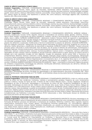 CARGO 22: MÉDICO PLANTONISTA (CLÍNICO GERAL)
Conteúdo Programático: PORTUGUÊS, CONHECIMENTOS REGIONAIS E CONHECIMENTOS ESPECÍFICOS: Exames de imagem;
Cardiologia: Angina Pectoris, infarto agudo do miocárdio, hipertensão arterial sistemática; Pneumologia: pneumonia,
broncopneumonia, doença pulmonar obstrutiva crônica; Hematologia: anemias, leucoses e linfomas. Gastroenterologia: esofagite,
gastrite, úlcera péctica, doenças inflamatórias intestinais, pancreatite, cirrose hepática; Doenças da tireóide; Urgências clínicas:
ICC; edema agudo do pulmão, crise hipertensiva e pressão alta, asma brônquica, hemorragia digestiva alta, insuficiência
hepática, IRA, cólica renal, embolia.

CARGO 23: MÉDICO CLÍNICO GERAL (AMBULATÓRIO)
Conteúdo Programático: PORTUGUÊS, CONHECIMENTOS REGIONAIS E CONHECIMENTOS ESPECÍFICOS: Exames de imagem;
Cardiologia: Angina Pectoris, infarto agudo do miocárdio, hipertensão arterial sistemática; Pneumologia: pneumonia,
broncopneumonia, doença pulmonar obstrutiva crônica; Hematologia: anemias, leucoses e linfomas. Gastroenterologia: esofagite,
gastrite, úlcera péctica, doenças inflamatórias intestinais, pancreatite, cirrose hepática; Doenças da tireóide; Urgências clínicas:
ICC; edema agudo do pulmão, crise hipertensiva e pressão alta, asma brônquica, hemorragia digestiva alta, insuficiência
hepática, IRA, cólica renal, embolia.

CARGO 24: NUTRICIONISTA
Conteúdo Programático: PORTUGUÊS, CONHECIMENTOS REGIONAIS E CONHECIMENTOS ESPECÍFICOS: NUTRIÇÃO NORMAL -
Conceito, classificação, funções, fontes, digestão, absorção e metabolismo de: proteínas, lipídios, glicídios, vitaminas, minerais,
água e fibras; Energia: componentes dos gastos energéticos, medidas, cálculos e recomendações; e Nutrição do adolescente,
adulto, idoso e atletas. NUTRIÇÃO MATERNO-INFANTIL - Aleitamento materno; Fórmulas Infantis de segmento e especializadas;
Nutrição do lactente, pré escolar e escolar; Nutrição na gestação e lactação; Nutrição nas complicações da gravidez; e Nutrição
nas principais patologias infantis. TÉCNICA DIETÉTICA - Conceito, classificação e características dos alimentos; Pré-preparo e
preparo dos alimentos; e operações, modificações e técnicas fundamentais no preparo de alimentos. AVALIÇÃO NUTRICIONAL -
Tipos de avaliação nutricional – Adequação aos diversos grupos; Indicadores do estado nutricional; Avaliação do consumo de
alimentos, hábitos alimentares e classificação da desnutrição e obesidade. NUTRIÇÃO CLÍNICA E PEDIATRIA - Terapia nutricional:
princípios gerais, indicações e contra-indicações, tipos de dietas, vias de acesso e métodos de administração, monitorização e
legislação aplicada; Conduta Nutricional em: doenças gastrointestinais e glândulas anexas; doenças do metabolismo e glândulas
endócrinas; doenças cardiovasculares; doenças musculo-esqueléticas; doenças renais e transplantes; doenças pulmonares;
desequilíbrio do peso corpóreo; doenças neoplásicas; grande queimado, politraumatismo e sepse; doenças do sistema nervoso e
disfagia; pré e pós operatório (cirurgias do trato digestório, cirurgias da obesidade, dentre outras); SIDA; e Transtornos do
comportamento alimentar; Doenças carenciais e saúde dentária; Interação droga-nutriente; Imunomodulação, Alimentação
Funcional; e Dietas Hospitalares e preparo para exames. ADMINISTRAÇÃO APLICADA ÀS UNIDADES DE ALIMENTAÇÃO E NUTRIÇÃO -
Fundamentos de Administração; Estrutura Organizacional e funcionamento das U. A. N.; Aspectos físicos das U. A. N.; Recursos
humanos das U. A. N.; Aquisição e armazenamento de gêneros; Planejamento de cardápios; Custo; Avaliação e controle; e
Lactário. CONTROLE HIGIÊNICO-SANITÁRIO E TECNOLOGIA DE ALIMENTOS - Água – característica e tratamento; Higiene de pessoal,
do ambiente e equipamentos; Parasitologia dos alimentos; Toxinfecções alimentares; Deterioração dos alimentos; Métodos de
conservação dos alimentos; e Sistema APPCC.

CARGO 25: PROFESSOR LICENCIATURA PLENA PEDAGOGIA
Conteúdo Programático: PORTUGUÊS, CONHECIMENTOS REGIONAIS E CONHECIMENTOS ESPECÍFICOS: Metodologia da pesquisa
pedagógica; Metodologias de ensino; Psicologia da aprendizagem e do desenvolvimento; Educação comparada; PNE - Plano
Nacional de Educação - Aprovado pela Lei nº 10.172/2001; Lei de Diretrizes e Bases da Educação Nacional, Pedagogia de projeto,
Avaliação.
CARGO 26: PROFESSOR LICENCIATURA PLENA EM ARTES
Conteúdo Programático: PORTUGUÊS, CONHECIMENTOS REGIONAIS E CONHECIMENTOS ESPECÍFICOS: A Arte no currículo escolar.
História do ensino de Arte: tendências. Conteúdos, métodos e procedimentos escolares. Programa de curso. Fundamentos
estéticos e artísticos. Noções de Teoria de Arte. A História da Arte no Brasil. Relação ensino / escola / legislação. Tendências
Pedagógicas da Arte na Educação. Metodologias e concepções do ensino de Arte. Tendências Pedagógicas da Arte na
Educação. Metodologias do ensino de Arte. História da arte universal. Artes visuais. Teatro e Poesia. Dança. Música. Diálogo da
arte brasileira com a arte internacional - Museus, teatros, espaços expositivos. Pluralidade cultural: códigos estéticos e artísticos de
diferentes culturas. Interculturalidade: a questão da diversidade cultural no ensino de arte. Contribuições da Arte na formação do
ser humano. Objetivos gerais no ensino de arte nas diversas linguagens: conteúdos; produção; apreciação. Dimensões sociais. 24.
Avaliação em Arte/Educação. Parâmetros Curriculares Nacionais para ensino de Artes (todas as séries). Orientações Educacionais
Complementares aos Parâmetros Curriculares Nacionais (PCN+) relacionados a Artes. Orientações diversas do Ministério da
Educação para ensino de Artes (todas as séries).
CARGO 27: PROFESSOR LICENCIATURA PLENA EM INGLÊS
Conteúdo Programático: PORTUGUÊS, CONHECIMENTOS REGIONAIS E CONHECIMENTOS ESPECÍFICOS: Princípios metodológicos do
Ensino da língua Inglesa. Leitura e interpretação de textos autênticos da língua inglesa tais como: jornalísticos e literários; Estrutura e
Formação de Palavras: processos de derivação e composição de vocábulos; Antônimos, sinônimos, falsos cognatos; Aspectos
morfo-sináticos; Substantivos (caso, número, gênero, concordância); Pronomes (classificação, uso, concordância); Adjetivos
(classificação, concordância, posição, flexão); Advérbios (classificação, uso, posição na sentença); Conjunções (classificação,
uso); Verbos (modo, aspecto, tempos, vozes); Preposições (uso, classificação, combinações nominais e verbais); Discurso direto e
indireto; Sintaxe da sentença simples e complexa.
CARGO 28: PROFESSOR LICENCIATURA PLENA EM EDUCAÇÃO FÍSICA
Conteúdo Programático: PORTUGUÊS, CONHECIMENTOS REGIONAIS E CONHECIMENTOS ESPECÍFICOS: 1. Educação Física frente à
LDB 9.394/96: 1.1. Lei 10.793/03. 2. Parâmetros Curriculares Nacionais para ensino de Educação Física (todas as séries). 3. Educação
Física na Área de Linguagens, Códigos e suas Tecnologias. 4. Educação Física como componente curricular na Educação Básica.
4.1. Função social. 4.2. Objetivos; 4.3. Características; 4.4. Conteúdos. 5. Educação Física e suas Abordagens: intenção,
fundamentos, objetos de estudo e função na educação física escolar; 6. Planejamento e Avaliação em Educação Física Escolar.
7. Esporte Escolar: O processo de Ensino-Aprendizagem-Treinamento Esportivo no contexto escolar. Primeiros Socorros em
Educação Física; Jogos cooperativos x Jogos competitivos.

                                                                   11
 