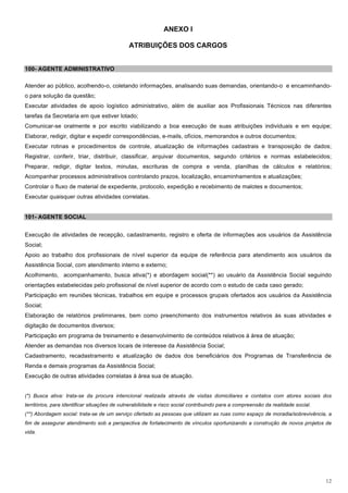 ANEXO I

                                             ATRIBUIÇÕES DOS CARGOS


100- AGENTE ADMINISTRATIVO

Atender ao público, acolhendo-o, coletando informações, analisando suas demandas, orientando-o e encaminhando-
o para solução da questão;
Executar atividades de apoio logístico administrativo, além de auxiliar aos Profissionais Técnicos nas diferentes
tarefas da Secretaria em que estiver lotado;
Comunicar-se oralmente e por escrito viabilizando a boa execução de suas atribuições individuais e em equipe;
Elaborar, redigir, digitar e expedir correspondências, e-mails, ofícios, memorandos e outros documentos;
Executar rotinas e procedimentos de controle, atualização de informações cadastrais e transposição de dados;
Registrar, conferir, triar, distribuir, classificar, arquivar documentos, segundo critérios e normas estabelecidos;
Preparar, redigir, digitar textos, minutas, escrituras de compra e venda, planilhas de cálculos e relatórios;
Acompanhar processos administrativos controlando prazos, localização, encaminhamentos e atualizações;
Controlar o fluxo de material de expediente, protocolo, expedição e recebimento de malotes e documentos;
Executar quaisquer outras atividades correlatas.


101- AGENTE SOCIAL


Execução de atividades de recepção, cadastramento, registro e oferta de informações aos usuários da Assistência
Social;
Apoio ao trabalho dos profissionais de nível superior da equipe de referência para atendimento aos usuários da
Assistência Social, com atendimento interno e externo;
Acolhimento, acompanhamento, busca ativa(*) e abordagem social(**) ao usuário da Assistência Social seguindo
orientações estabelecidas pelo profissional de nível superior de acordo com o estudo de cada caso gerado;
Participação em reuniões técnicas, trabalhos em equipe e processos grupais ofertados aos usuários da Assistência
Social;
Elaboração de relatórios preliminares, bem como preenchimento dos instrumentos relativos às suas atividades e
digitação de documentos diversos;
Participação em programa de treinamento e desenvolvimento de conteúdos relativos à área de atuação;
Atender as demandas nos diversos locais de interesse da Assistência Social;
Cadastramento, recadastramento e atualização de dados dos beneficiários dos Programas de Transferência de
Renda e demais programas da Assistência Social;
Execução de outras atividades correlatas à área sua de atuação.


(*) Busca ativa: trata-se da procura intencional realizada através de visitas domiciliares e contatos com atores sociais dos
territórios, para identificar situações de vulnerabilidade e risco social contribuindo para a compreensão da realidade social.
(**) Abordagem social: trata-se de um serviço ofertado as pessoas que utilizam as ruas como espaço de moradia/sobrevivência, a
fim de assegurar atendimento sob a perspectiva de fortalecimento de vínculos oportunizando a construção de novos projetos de
vida.




                                                                                                                                 12
 