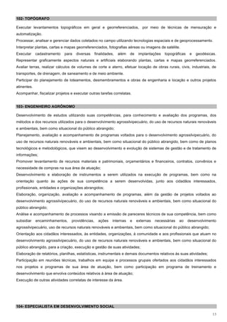 102- TOPÓGRAFO

Executar levantamentos topográficos em geral e georreferenciados, por meio de técnicas de mensuração e
automatização.
Processar, analisar e gerenciar dados coletados no campo utilizando tecnologias espaciais e de geoprocessamento.
Interpretar plantas, cartas e mapas georreferenciados, fotografias aéreas ou imagens de satélite.
Executar     cadastramento   para   diversas     finalidades,   além   de    implantações   topográficas    e   geodésicas.
Representar graficamente aspectos naturais e artificiais elaborando plantas, cartas e mapas georreferenciados.
Avaliar terras, realizar cálculos de volumes de corte e aterro, efetuar locação de obras rurais, civis, industriais, de
transportes, de drenagem, de saneamento e de meio ambiente.
Participar do planejamento de loteamentos, desmembramentos e obras de engenharia e locação e outros projetos
atinentes.
Acompanhar, fiscalizar projetos e executar outras tarefas correlatas.


103- ENGENHEIRO AGRÔNOMO

Desenvolvimento de estudos utilizando suas competências, para conhecimento e avaliação dos programas, dos
métodos e dos recursos utilizados para o desenvolvimento agrossilvipecuário, do uso de recursos naturais renováveis
e ambientais, bem como situacional do público abrangido;
Planejamento, avaliação e acompanhamento de programas voltados para o desenvolvimento agrossilvipecuário, do
uso de recursos naturais renováveis e ambientais, bem como situacional do público abrangido, bem como de planos
tecnológicos e metodológicos, que visem ao desenvolvimento e evolução de sistemas de gestão e de tratamento de
informações;
Promover levantamento de recursos materiais e patrimoniais, orçamentários e financeiros, contratos, convênios e
necessidade de compras na sua área de atuação;
Desenvolvimento e elaboração de instrumentos a serem utilizados na execução de programas, bem como na
orientação quanto às ações de sua competência a serem desenvolvidas, junto aos cidadãos interessados,
profissionais, entidades e organizações abrangidos;
Elaboração, organização, avaliação e acompanhamento de programas, além da gestão de projetos voltados ao
desenvolvimento agrossilvipecuário, do uso de recursos naturais renováveis e ambientais, bem como situacional do
público abrangido;
Análise e acompanhamento de processos visando a emissão de pareceres técnicos de sua competência, bem como
subsidiar    encaminhamentos,    providências,     ações    internas   e    externas   necessárias   ao    desenvolvimento
agrossilvipecuário, uso de recursos naturais renováveis e ambientais, bem como situacional do público abrangido;
Orientação aos cidadãos interessados, às entidades, organizações, à comunidade e aos profissionais que atuam no
desenvolvimento agrossilvipecuário, do uso de recursos naturais renováveis e ambientais, bem como situacional do
público abrangido, para a criação, execução e gestão de suas atividades;
Elaboração de relatórios, planilhas, estatísticas, instrumentais e demais documentos relativos às suas atividades;
Participação em reuniões técnicas, trabalhos em equipe e processos grupais ofertados aos cidadãos interessados
nos projetos e programas de sua área de atuação, bem como participação em programa de treinamento e
desenvolvimento que envolva conteúdos relativos à área de atuação;
Execução de outras atividades correlatas de interesse da área.




104- ESPECIALISTA EM DESENVOLVIMENTO SOCIAL

                                                                                                                         13
 