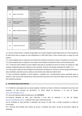 PROVAS
    CÓD.               CARGOS                                                                           Nº DE
                                                                   CONTEÚDO                                              PESO
                                                                                                      QUESTÕES
                                            LÍNGUA PORTUGUESA                                              05             1,0
                                            RACIOCÍNIO LÓGICO / MATEMÁTICA                                 05             1,0
                                            CONHECIMENTOS GERAIS                                           05             1,0
     105      Médico Clínico Geral
                                            NOÇÕES DE INFORMÁTICA                                          05             1,0
                                            POLÍTICAS DE SAÚDE                                             10             1,0
                                            CONHECIMENTOS ESPECÍFICOS                                      30             2,0
                                            LÍNGUA PORTUGUESA                                              05             1,0
                                            RACIOCÍNIO LÓGICO / MATEMÁTICA                                 05             1,0
              Médico de Família e           CONHECIMENTOS GERAIS                                           05             1,0
     106
              Comunidade                    NOÇÕES DE TECNOLOGIA DA INFORMAÇÃO                             05             1,0
                                            POLÍTICAS DE SAÚDE                                             10             1,0
                                            CONHECIMENTOS ESPECÍFICOS                                      30             2,0
                                            LÍNGUA PORTUGUESA                                              05             1,0
                                            RACIOCÍNIO LÓGICO / MATEMÁTICA                                 05             1,0
                                            CONHECIMENTOS GERAIS                                           05             1,0
     107      Médico Pediatra Plantonista
                                            NOÇÕES DE INFORMÁTICA                                          05             1,0
                                            POLÍTICAS DE SAÚDE                                             10             1,0
                                            CONHECIMENTOS ESPECÍFICOS                                      30             2,0
                                            LÍNGUA PORTUGUESA                                              10             1,0
                                            RACIOCÍNIO LÓGICO / MATEMÁTICA                                 10             1,0
     108      Pedagogo                      CONHECIMENTOS GERAIS                                           05             1,0
                                            NOÇÕES DE INFORMÁTICA                                          05             1,0
                                            CONHECIMENTOS ESPECÍFICOS                                      30             2,0
                                            LÍNGUA PORTUGUESA                                              05             1,0
                                            RACIOCÍNIO LÓGICO / MATEMÁTICA                                 05             1,0
                                            CONHECIMENTOS GERAIS                                           05             1,0
     109      Terapeuta Ocupacional         NOÇÕES DE INFORMÁTICA                                          05             1,0
                                            POLÍTICAS DE SAÚDE                                             10             1,0
                                            CONHECIMENTOS ESPECÍFICOS                                      30             2,0



7.3. A prova versará sobre o conteúdo programático que é parte integrante deste Edital (Anexo II) e terá duração de
3h (três horas) para os cargos de nível médio/técnico e 3h30 (três horas e trinta minutos) para os cargos de nível
superior.
7.4. A prova objetiva para os cargos de nível médio será avaliada na escala de 0 (zero) a 75 (setenta e cinco) pontos.
7.5. A prova objetiva para os cargos de nível superior será avaliada na escala de 0 (zero) a 90 (noventa) pontos.
7.5.1. O total de pontos obtidos na prova objetiva será igual ao resultado da soma do número de acertos em cada
conteúdo multiplicado pelo peso referente a cada conteúdo, conforme informações constantes do subitem 7.2.1.
7.6. O(s) ponto(s) relativo(s) à(s) questão(es) eventualmente anulada(s) em virtude de recurso será(ão) atribuído(s) a
todos candidatos presentes à prova, desde que não tenham sido atribuídos anteriormente.
7.7. Será considerado habilitado na prova objetiva o candidato que, cumulativamente obtiver pontuação igual ou
superior a, pelo menos, 60% (sessenta por cento) dos pontos da prova e que não tenha obtido nota zero em nenhum
dos conteúdos propostos.


8. DA PRESTAÇÃO DAS PROVAS


8.1. O Edital de convocação para as provas objetivas contendo os locais e horários de prestação das provas será
publicado, na data provável de 02/10/2012, no Diário Oficial do Município, e no sítio da Faperp,
www.concursosfaperp.com.br.
8.2. As provas objetivas estão previstas para o dia 14/10/2012.
8.3. Havendo      alteração     de    data, será   informada   a   nova   data    na   imprensa   e   no    sítio   da     Faperp,
www.concursosfaperp.com.br, constando local, data e horário das provas.
8.4. Ao candidato só será permitida a realização das provas na data, local e horário constantes no Edital de
Convocação.
8.4.1. Somente será admitido para realizar as provas o candidato que estiver munido de documento original de
identidade.

                                                                                                                                 7
 