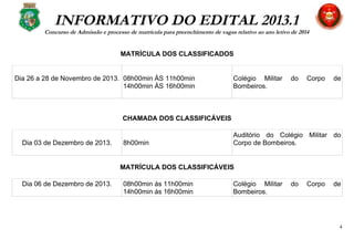 INFORMATIVO DO EDITAL 2013.1
Concurso de Admissão e processo de matrícula para preenchimento de vagas relativo ao ano letivo de 2014
MATRÍCULA DOS CLASSIFICADOS
Dia 26 a 28 de Novembro de 2013. 08h00min ÀS 11h00min
14h00min ÀS 16h00min
Colégio Militar do Corpo de
Bombeiros.
CHAMADA DOS CLASSIFICÁVEIS
Dia 03 de Dezembro de 2013. 8h00min
Auditório do Colégio Militar do
Corpo de Bombeiros.
MATRÍCULA DOS CLASSIFICÁVEIS
Dia 06 de Dezembro de 2013. 08h00min ás 11h00min
14h00min ás 16h00min
Colégio Militar do Corpo de
Bombeiros.
4
 