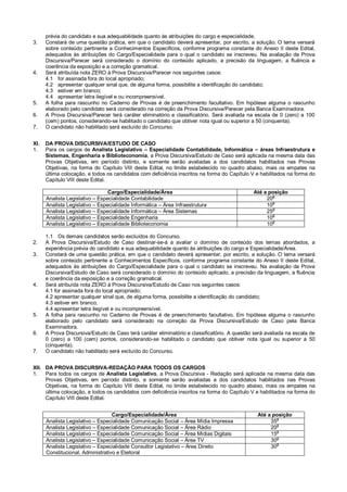 prévia do candidato e sua adequabilidade quanto às atribuições do cargo e especialidade.
3. Constará de uma questão prática, em que o candidato deverá apresentar, por escrito, a solução. O tema versará
sobre conteúdo pertinente a Conhecimentos Específicos, conforme programa constante do Anexo II deste Edital,
adequados às atribuições do Cargo/Especialidade para o qual o candidato se inscreveu. Na avaliação da Prova
Discursiva/Parecer será considerado o domínio do conteúdo aplicado, a precisão da linguagem, a fluência e
coerência da exposição e a correção gramatical.
4. Será atribuída nota ZERO à Prova Discursiva/Parecer nos seguintes casos:
4.1 for assinada fora do local apropriado;
4.2 apresentar qualquer sinal que, de alguma forma, possibilite a identificação do candidato;
4.3 estiver em branco;
4.4 apresentar letra ilegível e ou incompreensível.
5. A folha para rascunho no Caderno de Provas é de preenchimento facultativo. Em hipótese alguma o rascunho
elaborado pelo candidato será considerado na correção da Prova Discursiva/Parecer pela Banca Examinadora.
6. A Prova Discursiva/Parecer terá caráter eliminatório e classificatório. Será avaliada na escala de 0 (zero) a 100
(cem) pontos, considerando-se habilitado o candidato que obtiver nota igual ou superior a 50 (cinquenta).
7. O candidato não habilitado será excluído do Concurso.
XI. DA PROVA DISCURSIVA/ESTUDO DE CASO
1. Para os cargos de Analista Legislativo – Especialidade Contabilidade, Informática – áreas Infraestrutura e
Sistemas, Engenharia e Biblioteconomia, a Prova Discursiva/Estudo de Caso será aplicada na mesma data das
Provas Objetivas, em período distinto, e somente serão avaliadas a dos candidatos habilitados nas Provas
Objetivas, na forma do Capítulo VIII deste Edital, no limite estabelecido no quadro abaixo, mais os empates na
última colocação, e todos os candidatos com deficiência inscritos na forma do Capítulo V e habilitados na forma do
Capítulo VIII deste Edital.
Cargo/Especialidade/Área Até a posição
Analista Legislativo – Especialidade Contabilidade 20a
Analista Legislativo – Especialidade Informática – Área Infraestrutura 10
a
Analista Legislativo – Especialidade Informática – Área Sistemas 25
a
Analista Legislativo – Especialidade Engenharia 10
a
Analista Legislativo – Especialidade Biblioteconomia 10
a
1.1 Os demais candidatos serão excluídos do Concurso.
2. A Prova Discursiva/Estudo de Caso destinar-se-á a avaliar o domínio de conteúdo dos temas abordados, a
experiência prévia do candidato e sua adequabilidade quanto às atribuições do cargo e Especialidade/Área.
3. Constará de uma questão prática, em que o candidato deverá apresentar, por escrito, a solução. O tema versará
sobre conteúdo pertinente a Conhecimentos Específicos, conforme programa constante do Anexo II deste Edital,
adequados às atribuições do Cargo/Especialidade para o qual o candidato se inscreveu. Na avaliação da Prova
Discursiva/Estudo de Caso será considerado o domínio do conteúdo aplicado, a precisão da linguagem, a fluência
e coerência da exposição e a correção gramatical.
4. Será atribuída nota ZERO à Prova Discursiva/Estudo de Caso nos seguintes casos:
4.1 for assinada fora do local apropriado;
4.2 apresentar qualquer sinal que, de alguma forma, possibilite a identificação do candidato;
4.3 estiver em branco;
4.4 apresentar letra ilegível e ou incompreensível.
5. A folha para rascunho no Caderno de Provas é de preenchimento facultativo. Em hipótese alguma o rascunho
elaborado pelo candidato será considerado na correção da Prova Discursiva/Estudo de Caso pela Banca
Examinadora.
6. A Prova Discursiva/Estudo de Caso terá caráter eliminatório e classificatório. A questão será avaliada na escala de
0 (zero) a 100 (cem) pontos, considerando-se habilitado o candidato que obtiver nota igual ou superior a 50
(cinquenta).
7. O candidato não habilitado será excluído do Concurso.
XII. DA PROVA DISCURSIVA-REDAÇÃO PARA TODOS OS CARGOS
1. Para todos os cargos de Analista Legislativo, a Prova Discursiva - Redação será aplicada na mesma data das
Provas Objetivas, em período distinto, e somente serão avaliadas a dos candidatos habilitados nas Provas
Objetivas, na forma do Capítulo VIII deste Edital, no limite estabelecido no quadro abaixo, mais os empates na
última colocação, e todos os candidatos com deficiência inscritos na forma do Capítulo V e habilitados na forma do
Capítulo VIII deste Edital.
Cargo/Especialidade/Área Até a posição
Analista Legislativo – Especialidade Comunicação Social – Área Mídia Impressa 35a
Analista Legislativo – Especialidade Comunicação Social – Área Rádio 20
a
Analista Legislativo – Especialidade Comunicação Social – Área Mídias Digitais 15a
Analista Legislativo – Especialidade Comunicação Social – Área TV 30a
Analista Legislativo – Especialidade Consultor Legislativo – Área Direito
Constitucional, Administrativo e Eleitoral
30
a
 