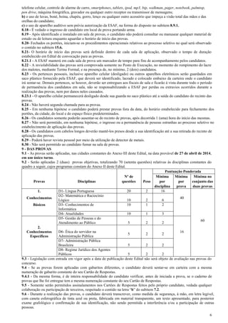 telefone celular, controle de alarme de carro, smartphones, tablets, ipod, mp3, bip, walkman, pager, notebook, palmtop,
pen drive, máquina fotográfica, gravador ou qualquer outro receptor ou transmissor de mensagens;
b) o uso de luvas, boné, boina, chapéu, gorro, lenço ou qualquer outro acessório que impeça a visão total das mãos e das
orelhas do candidato;
c) o uso de aparelho auditivo sem prévia autorização da ESAF, na forma do disposto no subitem 8.9.1.
8.18 - É vedado o ingresso de candidato em local de prova portando arma.
8.19 - Após identificado e instalado em sala de provas, o candidato não poderá consultar ou manusear qualquer material de
estudo ou de leitura enquanto aguardar o horário de início das provas.
8.20- Fechados os portões, iniciam-se os procedimentos operacionais relativos ao processo seletivo no qual será observado
o contido no subitem 15.6.
8.21- O horário de início das provas será definido dentro de cada sala de aplicação, observado o tempo de duração
estabelecido em Edital de convocação para as provas.
8.21.1 - A ESAF manterá em cada sala de prova um marcador de tempo para fins de acompanhamento pelos candidatos.
8.22 - A inviolabilidade das provas será comprovada somente no Posto de Execução, no momento do rompimento do lacre
dos malotes, mediante Termo Formal, e na presença de, no mínimo, 2 (dois) candidatos.
8.23 - Os pertences pessoais, inclusive aparelho celular (desligado) ou outros aparelhos eletrônicos serão guardados em
saco plástico fornecido pela ESAF, que deverá ser identificado, lacrado e colocado embaixo da carteira onde o candidato
irá sentar-se. Demais pertences, se houver, deverão ser entregues aos fiscais de sala e ficarão à vista durante todo o período
de permanência dos candidatos em sala, não se responsabilizando a ESAF por perdas ou extravios ocorridos durante a
realização das provas, nem por danos neles causados.
8.23.1 - O aparelho celular permanecerá desligado desde sua guarda no saco plástico até a saída do candidato do recinto das
provas.
8.24 - Não haverá segunda chamada para as provas.
8.25 - Em nenhuma hipótese o candidato poderá prestar provas fora da data, do horário estabelecido para fechamento dos
portões, da cidade, do local e do espaço físico predeterminados.
8.26 - Os candidatos somente poderão ausentar-se do recinto de provas, após decorrida 1 (uma) hora do início das mesmas.
8.27 - Não será permitido, em nenhuma hipótese, o ingresso ou a permanência de pessoas estranhas ao processo seletivo no
estabelecimento de aplicação das provas.
8.28 - Os candidatos com cabelos longos deverão mantê-los presos desde a sua identificação até a sua retirada do recinto de
aplicação das provas.
8.29 - Poderá haver revista pessoal por meio da utilização de detector de metais.
8.30 - Não será permitido ao candidato fumar na sala de provas.
9 - DAS PROVAS
9.1 - As provas serão aplicadas, nas cidades constantes do Anexo III deste Edital, na data provável de 27 de abril de 2014,
em um único turno.
9.2 - Serão aplicadas 2 (duas) provas objetivas, totalizando 70 (setenta questões) relativas às disciplinas constantes do
quadro a seguir, cujos programas constam do Anexo II deste Edital.
Pontuação Ponderada
Nº de
Mínima
Mínima
Mínima no
Provas
Disciplinas
questões
Peso
por
por
conjunto das
disciplina
prova
duas provas
D1- Língua Portuguesa
20
2
16
1.
D2- Matemática e Raciocínio
40
Conhecimentos
Lógico
10
2
6
D3- Conhecimentos de
10
1
2
Básicos
Informática
D4- Atualidades
10
1
3
D5- Gestão de Pessoas e do
60
Atendimento ao Público
5
2
2
2.
D6- Ética do servidor na
16
Conhecimentos
5
2
2
Administração Pública
Específicos
D7- Administração Pública
Brasileira
5
2
2
D8- Regime Jurídico dos Agentes
Públicos
5
2
2
9.3 - Legislação com entrada em vigor após a data de publicação deste Edital não será objeto de avaliação nas provas do
concurso.
9.4 - Se as provas forem aplicadas com gabaritos diferentes, o candidato deverá sentar-se em carteira com a mesma
numeração de gabarito constante do seu Cartão de Respostas.
9.4.1 - Da mesma forma, é de inteira responsabilidade do candidato verificar, antes de iniciada a prova, se o caderno de
provas que lhe foi entregue tem a mesma numeração constante do seu Cartão de Respostas.
9.5 - Somente serão permitidos assinalamentos nos Cartões de Respostas feitos pelo próprio candidato, vedada qualquer
colaboração ou participação de terceiros, respeitado o contido na letra “b” do subitem 7.2.
9.6 - Durante a realização das provas, o candidato deverá transcrever, como medida de segurança, à mão, em letra legível,
com caneta esferográfica de tinta azul ou preta, fabricada em material transparente, um texto apresentado, para posterior
exame grafológico e confirmação de sua identificação, não sendo permitida a interferência e/ou a participação de outras
pessoas.
6

 