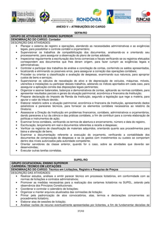 37/43
ANEXO V – ATRIBUIÇÕES DO CARGO
SEFIN/RO
GRUPO DE ATIVIDADES DE ENSINO SUPERIOR
DENOMINAÇÃO DO CARGO: Contador
DESCRIÇÃO DAS ATIVIDADES:
• Planejar o sistema de registro e operações, atendendo as necessidades administrativas e as exigências
legais, para possibilitar o controle contábil e orçamentário;
• Supervisionar os trabalhos de compatibilização dos documentos, analisando-os e orientando seu
processamento, para assegurar a observação do plano de contas adotado;
• Inspecionar regularmente a escrituração dos livros comerciais e fiscais verificando se os registros efetuados
correspondem aos documentos que lhes deram origem, para fazer cumprir as exigências legais e
administrativas;
• Controlar e participar dos trabalhos de análise e conciliação de contas, conferindo os saldos apresentados,
localizando e eliminando os possíveis erros, para assegurar a correção das operações contábeis;
• Proceder ou orientar a classificação e avaliação de despesas, examinando sua natureza, para apropriar
custos de bens e serviços;
• Supervisionar os cálculos de reavaliação do ativo e de depreciação de veículos, máquinas, móveis,
utensílios e instalações ou participar desses trabalhos, adotando os índices apontados em cada caso, para
assegurar a aplicação correta das disposições legais pertinentes;
• Organizar e assinar balancetes, balanços e demonstrativos de contas, aplicando as normas contábeis, para
apresentar resultados parciais e gerais da situação patrimonial, econômica e financeira da Instituição;
• Preparar declaração do Imposto de Renda da Instituição, segundo a legislação que rege a matéria, para
apurar o valor do tributo devido;
• Elaborar relatório sobre a situação patrimonial, econômica e financeira da Instituição, apresentando dados
estatísticos e pareceres técnicos, para fornecer os elementos contábeis necessários ao relatório da
Diretoria;
• Assessorar a Direção da Instituição em problemas financeiros, contábeis, administrativos e orçamentários,
dando pareceres a luz da ciência e das práticas contábeis, a fim de contribuir para a correta elaboração de
políticas e instrumentos de ação;
• Examinar livros contábeis, verificando os termos de abertura e encerramento, número e data do registro,
• Escrituração, lançamento em real e documentos referentes a receita e despesas;
• Verificar os registros de classificação de materiais adquiridos, orientando quanto aos procedimentos para
baixa e alienação de bens;
• Examinar a documentação referente a execução do orçamento, verificando a contabilidade dos
documentos de comprovação de despesas e se os gastos com investimentos ou custeio se comportam
dentro dos níveis autorizados pela autoridade competente;
• Orientar servidores da classe anterior, quando for o caso, sobre as atividades que deverão ser
desenvolvidas;
• Executar outras tarefas correlatas.
SUPEL/RO
GRUPO OCUPACIONAL ENSINO SUPERIOR
CARREIRA: TÉCNICO EM LICITAÇÕES
DENOMINAÇÃO DO CARGO: Técnico em Licitações, Registro e Pesquisa de Preços
DESCRIÇÃO DAS ATIVIDADES:
• Realizar estudos, análises e emitir parecer técnico em processos licitatórios, em conformidade com as
normas de licitações e contratos administrativos;
• Promover as medidas necessárias para a realização dos certames licitatórios na SUPEL, zelando pela
observância dos Princípios Constitucionais;
• Coordenar e controlar o calendário de licitações;
• Organizar e manter arquivos atualizados das comissões de licitação;
• Primar pela padronização de atos convocatórios, atas, termos e declarações concernentes ao
procedimento licitatório;
• Elaborar atas de sessões de licitação;
• Analisar razões de recurso eventualmente apresentadas por licitantes, a fim de fundamentar decisões de
 