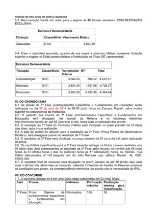 mínimo de três anos de efetivo exercício.
5.3. Remuneração Inicial, em reais, para o regime de 40 (horas) semanais, COM DEDICAÇÃO
EXCLUSIVA:
Estrutura Remuneratória
Titulação Classe/Nível Vencimento Básico
Graduação D101 3.804,29
5.4. Caso o candidato aprovado, quando de sua posse e exercício efetivo, apresente titulação
superior a exigida no Edital poderá pleitear a Retribuição ao Título (RT) apresentado:
Estrutura Remuneratória
Titulação Classe/Nível Vencimento
Básico
RT Total
Especialização D101 3.804,29 608,22 4.412,51
Mestrado D101 3.804,29 1.931,98 5.736,27
Doutorado D101 3.804,29 4.540,35 8.344,64
VI. DO CRONOGRAMA
6.1. As provas da 1ª Fase (Conhecimentos Específicos e Fundamentos em Educação) serão
realizadas no dia 27 de abril de 2014 às 08:00 (oito) horas no Campus Maceió, salvo motivo
superior na conveniência da Instituição.
6.2. O gabarito das Provas da 1ª Fase (Conhecimentos Específicos e Fundamentos em
Educação) será divulgado nos murais da Reitoria e no endereço eletrônico
http://concurso.ifal.edu.br, até 48 (quarenta e oito) horas após a realização das provas.
6.3. O resultado da 1ª Fase do Concurso Público será divulgado no prazo previsto de 10 (dez)
dias úteis, após a sua realização.
6.4. A data do sorteio do assunto para a realização da 2ª Fase (Prova Prática de Desempenho
Didático), será divulgada quando do resultado da 1ª Fase.
6.5. O resultado da 2ª Fase será divulgado no prazo previsto de 01 (um) dia útil, após realização
da prova.
6.6. Os candidatos classificados para a 3ª Fase deverão entregar os títulos a serem avaliados nos
02 (dois) dias úteis subsequentes ao resultado da 2ª Fase após recurso, no horário das 08 (oito)
horas às 12 (doze) horas e das 14 (catorze) horas às 17 (dezessete) horas, na Reitoria, Rua
Odilon Vasconcelos, nº 103 (esquina com Av. Júlio Marques Luz), Jatiúca, Maceió - AL. CEP:
57035-350.
6.7. O resultado final do concurso será divulgado no prazo previsto de até 30 (trinta) dias úteis
após o término da última fase do concurso, cabendo à Diretoria de Gestão de Pessoas convocar
os candidatos para posse, via correspondência eletrônica, de acordo com a necessidade do IFAL.
VII. DO CONCURSO
7.1. O concurso realizar-se-á em uma única etapa subdividida em 03 (três) fases:
Fase Provas Natureza Pontuação
máxima
Pontuação
mínima para
classificação
1ª Fase Prova Objetiva de
conhecimentos específicos
e fundamentos em
educação.
Eliminatória 100 50
 