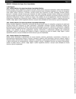 EDIEDITAL 001/2014 Página 13
ANEXO III – Atribuições dos Cargos, Áreas e Especialidades:
1. Nível Superior
1016 – Analista Judiciário, Área Apoio Especializado, Especialidade Medicina
Realizar consultas, exames, diagnósticos e inspeções de saúde; solicitar exames; prescrever tratamentos; realizar visitas domiciliares
ou em dependências hospitalares; providenciar a remoção de pacientes para instituições hospitalares em casos de emergência;
emitir laudos médicos, pareceres e atestados; conceder licenças para tratamento de saúde; homologar atestados médicos,
pareceres e atestados; conceder licenças para tratamento de saúde; homologar atestados médicos emitidos por profissionais
externos ao quadro do Tribunal; atuar em perícias médicas; atuar em programas de educação e prevenção de doenças; prescrever e
administrar medicamentos; efetuar o controle de estoque e das condições de uso de equipamentos, materiais, instrumentos e
medicamentos utilizados para atendimento médico; colaborar na fiscalização das condições de higiene e segurança dos locais de
trabalho; redigir, digitar e conferir expedientes diversos e executar outras atividades de mesma natureza e grau de complexidade.
1020 – Analista Judiciário, Área Apoio Especializado, Especialidade Odontologia
Realizar consultas, diagnósticos, tratamentos e prevenção das afecções bucais; atuais em campanhas e programas de saúde bucal;
conceder licenças para tratamento de saúde relacionadas à odontologia; homologar atestados odontológicos emitidos por
profissionais externos ao quadro do Tribunal; realizar perícias odontológicas; prescrever e administrar medicamentos; radiografar
elementos dentários; analisar processos e emitir parecer técnicos e laudos referentes à sua área de atuação; efetuar o controle do
estoque e das condições de uso de equipamentos, materiais, instrumentos e medicamentos utilizados para atendimento
odontológico; colaborar na fiscalização das condições de higiene e segurança dos locais de trabalho; redigir, digitar e conferir
expedientes diversos e executar atividades de mesma natureza e grau de complexidade.
1033 – Analista Judiciário, Área Administrativa
Realizar tarefas relacionadas à administração de recursos humanos, materiais, patrimoniais, orçamentários e financeiros, de
desenvolvimento organizacional, licitações e contratos, contadoria e auditoria; emitir informações e pareceres; elaborar, analisar e
interpretar dados e demonstrativos; elaborar, implementar, acompanhar e avaliar projetos pertinentes à área de atuação; elaborar
e aplicar instrumentos de acompanhamento, avaliação, pesquisa, controle e divulgação referentes aos projetos desenvolvidos;
atender ao público interno e externo; redigir, digitar e conferir expedientes diversos e executar outras atividades de mesma
natureza e grau de complexidade.
 