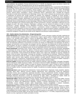 EDIEDITAL 001/2014 Página 16
responsabilidades; das penalidades. Processo administrativo (Lei nº 9.784/99): das disposições gerais; dos direitos e deveres dos
administrados. Lei nº 8.429/92: das disposições gerais; dos atos de improbidade administrativa.
Odontologia: Diagnóstico e plano de tratamento em Clínica Geral. Conceitos da Etiologia da cárie e sua prevenção. Microbiologia da
placa bacteriana. Controle e prevenção da cárie dentária relacionado à dieta e a hábitos de higiene. Controle e prevenção da doença
periodontal. Plano de tratamento em periodontia. Doenças gengivais e periodontais na criança e no adulto. Microbiologia
periodontal. Controle químico e mecânico do bio-filme dental. Utilização tópica e sistêmica de flúor na prevenção da cárie; flúor
sistêmico: aspectos básicos, toxicológicos e clínicos; considerações clínicas e laboratoriais sobre a atividade dos compostos
fluoretados no esmalte dental. Anestesia local em Odontologia: técnicas, tipos, efeitos e indicações dos anestésicos locais; acidentes
e complicações da anestesia local. Cirurgia: princípios de exodontia, não complicada e complicada, de dentes decíduos e
permanentes. Cirurgia Bucal menor. Cuidados iniciais e posteriores às exodontias. Patologia dos tecidos moles e duros: hiperplasias
e neoplasias malignas e benignas. Manifestações bucais das doenças sistêmicas. Noções sobre traumatologia bucomaxilofacial.
Doenças passíveis de transmissão durante o tratamento odontológico. Medidas de precaução padrão, condutas frente a acidentes
profissionais; Normas de Biossegurança na Clínica Odontológica. Dentística e Materiais dentários: princípios no tratamento da cárie;
materiais odontológicos para a proteção dentino-pulpar em dentes permanentes e decíduos; propriedades e indicações do uso do
amálgama de prata e das resinas compostas. Propriedades e principais usos dos cimentos de ionômero de vidro em dentes
permanentes e decíduos. Radiologia: técnicas radiográficas intra-bucais; métodos de localização radiográfica; princípios de
interpretação radiográfica. Endodontia em dentes decíduos e permanentes: métodos de diagnóstico da patologia pulpar e
periapical; tratamento endodôntico em dentes com polpa viva e polpa morta; substâncias químicas auxiliares; medicação intra-canal
e obturação do canal radicular. Oclusão e articulação temporomandibular no adulto e na criança: anatomia funcional e biomecânica
do aparelho mastigatório. Princípios de uma oclusão normal. Diagnóstico das disfunções temporomandibulares.
1033 – Analista Judiciário, Área Administrativa - 40 (quarenta) questões
Direito Administrativo: Administração Pública. Estrutura administrativa: conceito, elementos e poderes do Estado; organização do
Estado e da Administração; entidades políticas e administrativas; órgãos e agentes públicos. Atividade administrativa: conceito;
natureza e fins; princípios básicos; poderes e deveres do administrador público; o uso e o abuso de poder. Controle da
Administração Pública: controle administrativo; controle legislativo; controle pelo Tribunal de Contas; controle judiciário. Lei de
licitações (8.666/93) e Pregão Presencial e Eletrônico (10.520/02). Lei nº 8.112/90 - Regime Jurídico dos Servidores Públicos Civis da
União: Das disposições preliminares; Do provimento, Da vacância, Da remoção, Da redistribuição e Da substituição. Dos direitos e
vantagens: do vencimento e da remuneração; das vantagens; das férias; das licenças; dos afastamentos; do direito de petição. Do
regime disciplinar: dos deveres e proibições; da acumulação; das responsabilidades; das penalidades. Processo administrativo (Lei
nº 9.784/99). Lei nº 8.429/92: das disposições gerais; dos atos de improbidade administrativa; das penas; da declaração de bens.
Direito Constitucional: Constituição: fontes; conceito; objeto; classificações e estrutura; supremacia da Constituição; aplicabilidade
e interpretação das normas constitucionais; vigência e eficácia das normas constitucionais. Princípios fundamentais. Direitos e
garantias fundamentais: direitos sociais; direitos políticos; partidos políticos; direitos de nacionalidade; tutela constitucional dos
direitos e das liberdades. Tutela jurisdicional das liberdades. Habeas corpus. Habeas data. Mandado de segurança. Mandado de
injunção. Direito de petição. Ação popular. O princípio da efetividade e a juridicização da Constituição. Competência tributária.
Limitações constitucionais ao poder de tributar e os direitos fundamentais da pessoa. Organização dos poderes na Constituição da
República: poder executivo; poder legislativo; processo legislativo; do poder judiciário: disposições gerais; órgãos do poder
judiciário: organização e competências; Conselho Nacional de Justiça e do Conselho Superior da Justiça do Trabalho: composição e
competências. Funções essenciais à justiça: Ministério Público; Advocacia Pública; Defensoria Pública.
Direito do Trabalho: Princípios gerais do Direito do Trabalho. Relação de emprego e relação de trabalho. Empregado. Empregador.
Contrato individual de trabalho. Duração do Trabalho. Terceirização no Direito do Trabalho. Modalidades de contratos de emprego.
Alteração das condições de trabalho. Extinção da relação de emprego. Remuneração e salário. Proteção ao salário. Equiparação
salarial. O princípio da igualdade de salário. Interrupção e suspensão do contrato de trabalho. Férias. Prescrição e decadência no
Direito do Trabalho. Acordo e Convenção Coletivos de Trabalho. Procedimento nos dissídios individuais. Legislação previdenciária
(Lei 8.213/91).
Administração Geral: escolas do pensamento administrativo. Funções administrativas. Organização: missão, propósitos, objetivos,
estratégias. Matriz SWOT. Balanced scorecard. Mudança organizacional. Clima organizacional. Estudo das organizações:
organizações formais, tipos de organização, organização burocrática. Estrutura organizacional: tamanho, tecnologia, ambiente,
estratégia, complexidade, formalização, centralização, descentralização, departamentalização, organograma. Análise de Negócio:
Modelagem Relacional, Dimensional e técnicas de levantamento de dados. Análise e distribuição do trabalho. Análise do
processamento. Aproveitamento racional do espaço físico. Normalização e Padronização. Gestão de Projetos.
Administração Pública: Administração pública no Brasil: Evolução, reformas administrativas e a nova gestão pública. Processo
administrativo. Modelo da fundação nacional da qualidade. Modelo do gespública. Administração direta, indireta, e fundacional
(Decreto-Lei nº 200/67). Atos administrativos. Requisição. Licitações e contratos administrativos (Leis nº 8.666/1993 e nº
10.520/2002): conceito, finalidade, princípios, objeto, obrigatoriedade, dispensa, inexigibilidade e vedações, modalidades,
procedimentos, anulação e revogação, sanções, pregão presencial e eletrônico, sistema de registro de preços.
Gestão de Pessoas: Avaliação de desempenho. Planos de benefícios. Planejamento de Recursos Humanos. Relações de Trabalho.
Liderança. Ética e trabalho. Motivação. Treinamento e desenvolvimento de pessoas. Educação corporativa. Gestão de carreira.
Remuneração de pessoal. Gestão de Pessoas por Competências. Lei nº 8.112 de 1990 e suas alterações: direitos, deveres e
responsabilidades dos servidores públicos civis. Tendências em gestão de pessoas no setor público. Ética no serviço público. Código
de Ética Profissional do Servidor Público Civil do Poder Executivo Federal (Decreto nº 1.171/1994). Comportamento profissional:
atitudes no serviço, organização do trabalho, prioridade em serviço.
 