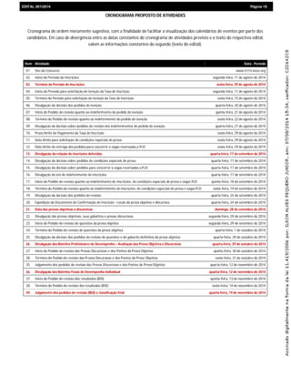 EDIEDITAL 001/2014 Página 18
CRONOGRAMA PROPOSTO DE ATIVIDADES
Cronograma de ordem meramente sugestiva, com a finalidade de facilitar a visualização dos calendários de eventos por parte dos
candidatos. Em caso de divergência entre as datas constantes do cronograma de atividades previsto e o texto do respectivo edital,
valem as informações constantes do segundo (texto do edital).
Item Atividade Data - Período
01. Site do Concurso www.trt14.ieses.org
02. Início do Período de Inscrições segunda-feira, 11 de agosto de 2014
03. Término do Período de Inscrições sexta-feira, 29 de agosto de 2014
04. Início do Período para solicitação de Isenção da Taxa de Inscrição segunda-feira, 11 de agosto de 2014
05. Término do Período para solicitação de Isenção da Taxa de Inscrição sexta-feira, 15 de agosto de 2014
06. Divulgação da decisão dos pedidos de isenção quarta-feira, 20 de agosto de 2014
07. Início do Pedido de revisão quanto ao indeferimento de pedido de isenção quinta-feira, 21 de agosto de 2014
08. Término do Pedido de revisão quanto ao indeferimento de pedido de isenção sexta-feira, 22 de agosto de 2014
09. Divulgação da decisão sobre pedidos de revisão dos indeferimentos de pedido de isenção. quarta-feira, 27 de agosto de 2014
10. Prazo limite de Pagamento da Taxa de Inscrição sexta-feira, 29 de agosto de 2014
11. Data limite para solicitação de condições especiais de prova sexta-feira, 29 de agosto de 2014
12. Data limite de entrega dos pedidos para concorrer a vagas reservadas a PcD sexta-feira, 29 de agosto de 2014
13. Divulgação da relação de inscrições deferidas quarta-feira, 17 de setembro de 2014
14. Divulgação da decisão sobre pedidos de condições especiais de prova quarta-feira, 17 de setembro de 2014
15. Divulgação da decisão sobre pedidos para concorrer a vagas reservadas a PcD quarta-feira, 17 de setembro de 2014
16. Divulgação do ato de indeferimento de inscrições quarta-feira, 17 de setembro de 2014
17. Início do Pedido de revisão quanto ao indeferimento de inscrições, de condições especiais de prova e vagas PcD quinta-feira, 18 de setembro de 2014
18. Término do Pedido de revisão quanto ao indeferimento de inscrições, de condições especiais de prova e vagas PcD sexta-feira, 19 de setembro de 2014
19. Divulgação da decisão dos pedidos de revisão quarta-feira, 24 de setembro de 2014
20. Expedição do Documento de Confirmação de Inscrição - Locais da prova objetiva e discursiva quarta-feira, 24 de setembro de 2014
21. Data das provas objetivas e discursivas domingo, 28 de setembro de 2014
22. Divulgação das provas objetivas, seus gabaritos e provas discursivas segunda-feira, 29 de setembro de 2014
23. Início do Pedido de revisão de questões da prova objetiva segunda-feira, 29 de setembro de 2014
24. Término do Pedido de revisão de questões da prova objetiva quarta-feira, 1 de outubro de 2014
25. Divulgação da decisão dos pedidos de revisão de questões e do gabarito definitivo da prova objetiva quarta-feira, 29 de outubro de 2014
26. Divulgação dos Boletins Preliminares de Desempenho – Avaliação das Prova Objetiva e Discursivas quarta-feira, 29 de outubro de 2014
27. Início do Pedido de revisão das Provas Discursivas e dos Pontos da Prova Objetiva quinta-feira, 30 de outubro de 2014
28. Término do Pedido de revisão das Provas Discursivas e dos Pontos da Prova Objetiva sexta-feira, 31 de outubro de 2014
25. Julgamento dos pedidos de revisão das Provas Discursivas e dos Pontos da Prova Objetiva quarta-feira, 12 de novembro de 2014
26. Divulgação dos Boletins Finais de Desempenho Individual quarta-feira, 12 de novembro de 2014
27. Início do Pedido de revisão dos resultados (BDI) quinta-feira, 13 de novembro de 2014
28. Término do Pedido de revisão dos resultados (BDI) sexta-feira, 14 de novembro de 2014
29. Julgamento dos pedidos de revisão (BDI) e classificação final quarta-feira, 19 de novembro de 2014
 