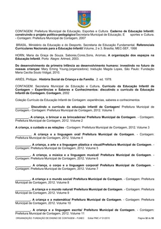 ORGANIZAÇÃO: FUNDAÇÃO DE ENSINO DE CONTAGEM – FUNEC Edital PMC nº 01/2015 Página 32 de 55
CONTAGEM. Prefeitura Municipal de Educação, Esportes e Cultura. Caderno de Educação Infantil:
construindo o projeto político-pedagógico/Secretaria Municipal de Educação, E sportes e Cultura.
- Contagem: Prefeitura Municipal de Contagem, 2007
BRASIL. Ministério da Educação e do Desporto. Secretaria de Educação Fundamental. Referenciais
Curriculares Nacionais para a Educação Infantil.Volume, 2 e 3. Brasília; MEC-SEF, 1998
HORN, Maria da Graça de Souza. Sabores,Cores,Sons, Aromas. A organização dos espaços na
Educação Infantil. Porto Alegre: Artmed, 2003.
Do desenvolvimento da primeira Infância ao desenvolvimento humano: investindo no futuro de
nossas crianças/ Mary Eming Young,(organizadora); tradução Magda Lopes, São Paulo: Fundação
Maria Cecília Souto Vidigal, 2010.
ARIÈS, PhilIppe . História Social da Criança e da Família. 2. ed. 1978.
CONTAGEM. Secretaria Municipal de Educação e Cultura. Currículo da Educação Infantil de
Contagem – Experiências e Saberes e Conhecimentos: discutindo o currículo da Educação
Infantil de Contagem. Contagem, 2002
Coleção Currículo da Educação Infantil de Contagem: experiências, saberes e conhecimentos
________. Discutindo o currículo da educação infantil de Contagem/ Prefeitura Municipal de
Contagem.- Contagem: Prefeitura Municipal de Contagem, 2012. Volume 1
________. A criança, o brincar e as brincadeiras/ Prefeitura Municipal de Contagem. - Contagem:
Prefeitura Municipal de Contagem, 2012. Volume 2
A criança, o cuidado e as relações - Contagem: Prefeitura Municipal de Contagem, 2012. Volume 3
_________. A criança e a linguagem oral/ Prefeitura Municipal de Contagem. - Contagem:
Prefeitura Municipal de Contagem, 2012. Volume 4
_________. A criança, a arte e a linguagem plástica e visual/Prefeitura Municipal de Contagem. -
Contagem: Prefeitura Municipal de Contagem, 2012. Volume 5
_________. A criança, a música e a linguagem musical/ Prefeitura Municipal de Contagem. -
Contagem: Prefeitura Municipal de Contagem, 2012. Volume 6
_________. A criança, o corpo e a linguagem corporal/ Prefeitura Municipal de Contagem. -
Contagem: Prefeitura Municipal de Contagem, 2012. Volume 7
_________. A criança e o mundo social/ Prefeitura Municipal de Contagem. - Contagem: Prefeitura
Municipal de Contagem, 2012. Volume 8
_________. A criança e o mundo natural/ Prefeitura Municipal de Contagem. - Contagem: Prefeitura
Municipal de Contagem, 2012. Volume 9
_________. A criança e a matemática/ Prefeitura Municipal de Contagem. - Contagem: Prefeitura
Municipal de Contagem, 2012. Volume 10
_________. A criança e a linguagem escrita/ Prefeitura Municipal de Contagem. - Contagem:
Prefeitura Municipal de Contagem, 2012. Volume 11
 