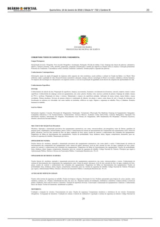 Quarta-feira, 14 de Janeiro de 2016 | Edição N° 732 | Cardeno III
Documento assinado digitalmente conforme MP nº 2.200-2 de 24/08/2001, que institui a Infraestrutura de Chaves Públicas Brasileira - ICP-Brasil.
20
ESTADO DA BAHIA
PREFEITURA MUNICÍPAL DE ILHÉUS
20
COMUM PARA TODOS OS CARGOS DE NÍVEL FUNDAMENTAL
Língua Portuguesa
Interpretação de texto. Ortografia. Novo Acordo Ortográfico. Acentuação. Pontuação. Divisão de sílabas. Crase. Emprego das classes de palavras: substantivo,
adjetivo, numeral, pronome, verbo, advérbio, preposição, conjunção (classificação e sentido que imprime às relações entre as orações). Colocação pronominal.
Pronomes de Tratamento. Concordância verbal e nominal. Sinônimo e antônimo. Sentido próprio e figurado das palavras.
Conhecimentos Contemporâneos
Informações atuais de ampla divulgação da imprensa sobre aspectos da vida econômica, social, política e cultural no Estado da Bahia e no Brasil; Meio
ambiente; saúde e qualidade de vida; Desenvolvimento sustentável, educação, energia, ciência e tecnologia no Brasil e no mundo; cidadania e direitos humanos.
Os impactos das tecnologias na vida pessoal e nos aspectos sociais e o seu uso na promoção da igualdade social através da conquista das oportunidades de vida.
Conhecimentos Específicos
PINTOR
Conhecimentos de cálculo de área. Preparação de superfícies: limpeza, escovamento, lixamento e nivelamento de alvenarias, concreto, madeira, metais e outras
superfícies. Conhecimento do emprego correto de equipamentos, tais como: pincéis, brochas, rolos, escovas e pistolas de pintura. Emprego de selador, massas
de PVA e acrílicas. Preparação de tintas e vernizes. Manutenção e reparos em superfícies pintadas. Aplicação de massa textura, massa batida e massa
niveladora. Pintura mecânica. Serviços de pintura relativos à sinalização de trânsito, em placas e outros, como faixas de solo e fixação de elementos de
fiscalização ou redutores de velocidade, tais como tachões ou tachinhas, refletivos ou cegos. Higiene e segurança no trabalho. Ética e Cidadania. Relações
humanas no trabalho.
SALVA-VIDAS
Salvamento Aquático: Conceito; Prevenção de Afogamentos; Sinalização; Treinamento; Observação Dos Banhistas; Emprego de Equipamentos Adequados;
Campanhas Educativas E De Esclarecimentos; Conhecimentos Técnicos Básicos; Acidentes Colete Salva-Vidas; Lanterna Subaquática; Operações Em
Salvamento Aquático; Salvamento De Afogados; Procedimento Com Vítimas em Afogamento; APH Atendimento Pré Hospitalar ( Primeiros Socorros);
Direitos e deveres do Servidor Público.
MECÂNICO DE MÁQUINAS PESADAS
Mecânica. Operação e manutenção preventiva dos equipamentos automotivos, tais como: retroescavadeira, pá-carregadeira, trator de lâmina, guindaste de
pequeno porte, empilhadeira, motoniveladora, patrol e outros. Conhecimento do sistema de funcionamento dos componentes dos equipamentos como: leitura do
painel, alavancas, nível de óleo, pressão do óleo, de água, condições de freio, pneus, noções de controle e conhecimento dos comandos dos equipamentos.
Diagnóstico de falhas de funcionamento dos equipamentos. Noções de profundidade, força, distância, altura, largura, comprimento, dimensões, peso etc.
normas de segurança do trabalho. Manutenção preventiva.
OPERADOR DE PATROL
Noções básicas de: mecânica, operação e manutenção preventiva dos equipamentos automotivos, tais como patrol e outros. Conhecimento do sistema de
funcionamento dos componentes dos equipamentos como: leitura do painel, alavancas, nível de óleo, pressão do óleo, de água, condições de freio, pneus,
noções de controle e conhecimento dos comandos dos equipamentos. Diagnóstico de falhas de funcionamento dos equipamentos. Noções de profundidade,
força, distância, altura, largura, comprimento, dimensões, peso etc. normas de segurança do trabalho. Código Nacional de Trânsito. Princípios que regem a
Administração Pública. Direitos e Deveres do Funcionário Público. Constituição Brasileira arts. 39 a 41.
OPERADOR DE RETROESCAVADEIRA
Noções básicas de: mecânica, operação e manutenção preventiva dos equipamentos automotivos, tais como: retroescavadeira, e outros. Conhecimento do
sistema de funcionamento dos componentes dos equipamentos como: leitura do painel, alavancas, nível de óleo, pressão do óleo, de água, condições de freio,
pneus, noções de controle e conhecimento dos comandos dos equipamentos. Diagnóstico de falhas de funcionamento dos equipamentos. Noções de
profundidade, força, distância, altura, largura, comprimento, dimensões, peso etc. normas de segurança do trabalho. Código Nacional de Trânsito. Princípios
que regem a Administração Pública. Direitos e Deveres do Funcionário Público. Constituição Brasileira arts. 39 a 41.
AUXILIAR DE SERVIÇOS GERAIS
Noções sobre normas de segurança no trabalho. Noções de limpeza e higiene; Destinação do lixo; Produtos apropriados para limpeza de: pisos, paredes, vasos
sanitários, azulejos, etc.; Preparo e distribuição de café, chá, suco, etc.; Pequenos reparos em instalações, mobiliários e utensílios; Limpeza interna e externa de
prédio e banheiros, bem como de móveis e utensílios. Varrição de superfícies diversas. Conservação e manutenção de equipamentos e materiais. Conhecimento
básico da função. Formas de tratamento; atendimento ao público.
MOTORISTA
Condução e inspeção de veículos. Funcionamento de autos. Noções de segurança. Componentes mecânicos e eletrônicos de um veículo. Ferramentas
obrigatórias. Averiguação de itinerários. Condução de viaturas. Controle de combustível. Legislação e normas de segurança no trânsito. Código Nacional de
 