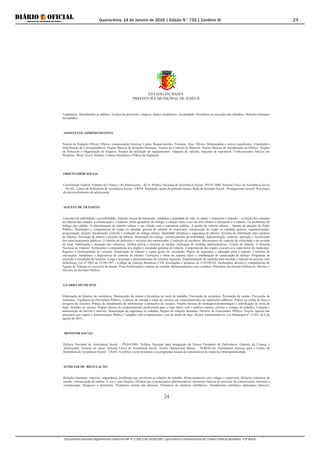 Quarta-feira, 14 de Janeiro de 2016 | Edição N° 732 | Cardeno III
Documento assinado digitalmente conforme MP nº 2.200-2 de 24/08/2001, que institui a Infraestrutura de Chaves Públicas Brasileira - ICP-Brasil.
24
ESTADO DA BAHIA
PREFEITURA MUNICÍPAL DE ILHÉUS
24
Tratamento. Atendimento ao público. Noções de protocolo e arquivo. Índice onomástico. Assiduidade. Disciplina na execução dos trabalhos. Relações humanas
no trabalho.
ASSISTENTE ADMINISTRATIVO
Noções de Redação Oficial: Ofícios, comunicações Internas, Cartas, Requerimentos. Portarias. Atas. Ofícios. Memorandos e outros expedientes. Expedição e
Distribuição de Correspondência. Noções Básicas de Relações Humanas. Noções de Controle de Material. Noções Básicas de Atendimento ao Público. Noções
de Protocolo e Organização de Arquivo. Noções de utilização de equipamentos: máquina de calcular, máquina de reproduzir. Conhecimentos básicos em
Windows, Word, Excel, Internet, Correio Eletrônico e Prática de Digitação.
ORIENTADOR SOCIAL
Constituição Federal. Estatuto da Criança e do Adolescente – ECA. Política Nacional de Assistência Social - PNAS 2004. Sistema Único de Assistência Social
– SUAS.. Centro de Referência de Assistência Social - CRAS: finalidade, ações de proteção básica. Rede de proteção Social.. Protagonismo Juvenil. Psicologia
do desenvolvimento do adolescente.
AGENTE DE TRÂNSITO
Conceitos de mobilidade e acessibilidade. Trânsito, meios de transporte, cidadania e qualidade de vida. A cidade, o transporte o trânsito – evolução dos sistemas
de trânsito das cidades; a urbanização e o trânsito. Polos geradores de tráfego; a relação entre o uso do solo urbano o transporte e o trânsito. Os problemas do
tráfego nas cidades. O planejamento do trânsito urbano e sua relação com o transporte público. A gestão do trânsito urbano – formas de atuação do Poder
Público; finalidades e competências do órgão ou entidade gestora de trânsito do município; estruturação do órgão ou entidade gestora; regulamentação;
programação; projeto; fiscalização; controle e avaliação do tráfego urbano. Qualidade eficiência e segurança do trânsito. Sistema de informação para usuários
do trânsito. Avaliação de planos e projetos de trânsito. Moderação do tráfego. Gerenciamento da mobilidade. Administração, controle, operação e fiscalização
dos estacionamentos públicos. O trânsito de pedestres e veículos não motorizados. Condução de escolares. Mecanismos de controle de velocidade e de invasão
de sinal. Notificação e autuação dos infratores. Defesa prévia e recursos de multas. Aplicação de medidas administrativas. Crimes de trânsito. O Sistema
Nacional de Trânsito. Atribuições e competências dos órgãos e entidades gestoras do trânsito. Competências dos órgãos executivos e rodoviários do município.
Registro e licenciamento de veículos. Sinalização de trânsito e regras gerais de circulação. Planos de segurança e educação para o trânsito. Controles de
interseções. Semáforos e dispositivos de controle de trânsito. Correções e obras no sistema viário e implantação de canalização de tráfego. Programas de
restrição à circulação de veículos. Carga e descarga e estacionamento de veículos especiais. Implementação de medidas para facilitar o trânsito de pessoas com
deficiência. Lei nº 9503 de 23/09/1997 – Código de Trânsito Brasileiro CTB. Resoluções e portarias do CONTRAN. Atribuições, deveres e competências do
Agente de Trânsito no exercício da função. Ética Profissional e normas de conduta. Relacionamento com o público. Princípios da Direção Defensiva. Direitos e
Deveres do Servidor Público.
GUARDA MUNICIPAL
Elaboração de boletins de ocorrência; Manutenção da ordem e disciplina no local de trabalho; Prevenção de acidentes; Prevenção de roubos; Prevenção de
incêndios; Vigilância do Patrimônio Público; Controle de entrada e saída de veículos em estacionamentos de repartições públicas; Prática na coleta de lixos e
lavagens de veículos; Prática de atendimento de telefonemas e anotações de recados; Noções básicas de montagem/desmontagem e lubrificação de arma de
fogo; Atitudes no serviço; Regras básicas de comportamento profissional para o trato diário com o público interno, externo e colegas de trabalho; Limpeza e
manutenção de móveis e imóveis; Manutenção da segurança no trabalho; Regras de relações humanas; Deveres do Funcionário Público. Noções básicas dos
princípios que regem a Administração Pública. Cuidados com a manutenção e uso de armas de fogo. Ilícitos Administrativos. Lei Municipal nº 13.022, de 8 de
agosto de 2014.
MONITOR SOCIAL
Política Nacional de Assistência Social – PNAS/2004. Política Nacional para Integração da Pessoa Portadora de Deficiência. Estatuto da Criança e
Adolescente. Estatuto do Idoso. Sistema Único de Assistência Social. Norma Operacional Básica – NOB/SUAS. Orientações técnicas para o Centro de
Referência de Assistência Social – CRAS. A política social brasileira e os programas sociais de transferência de renda na contemporaneidade.
AUXILIAR DE REGULAÇÃO
Relações humanas: conceito, importância, problemas que envolvem as relações de trabalho; Relacionamento com colegas e superiores; Relações rotineiras de
mando: comunicação de ordens; A voz e suas funções; Eficácia nas comunicações administrativas: elementos básicos no processo de comunicação, barreiras a
comunicação, bloqueios e distorções; Pronúncia correta das palavras; Pronúncia de números telefônicos; Atendimento telefônico (princípios básicos);
 
