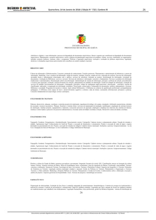 Quarta-feira, 14 de Janeiro de 2016 | Edição N° 732 | Cardeno III
Documento assinado digitalmente conforme MP nº 2.200-2 de 24/08/2001, que institui a Infraestrutura de Chaves Públicas Brasileira - ICP-Brasil.
26
ESTADO DA BAHIA
PREFEITURA MUNICÍPAL DE ILHÉUS
26
eletrônicos e digitais, e suas informações; processo de degradação de documentos arquivísticos; fatores e agentes que contribuem na degradação de documentos
arquivísticos. Planejamento e projetos arquivísticos: teoria e práticas da planificação arquivística de produtos; rotinas; serviços; instituições ou organizações;
métodos; projetos; políticas; sistemas; redes; e programas. Políticas e legislação arquivística: execução e avaliação de políticas arquivísticas; legislação,
diretrizes e orientações arquivísticas (provenientes dos conselhos) no cenário estadual e nacional.
BIBLIOTECÁRIO
Ciência da informação e biblioteconomia: Conceitos, produção do conhecimento. Funções gerenciais. Planejamento e administração de bibliotecas e centros de
informação. Marketing. Usos e usuários da Informação: estudo de usuários, métodos, técnicas, estudos de uso e educação de usuários. Serviços de informação:
atividades direta e indiretamente relacionadas com o público; serviços de referência; instrução ao usuário; disseminação da informação; circulação de
documentos. Avaliação de Bibliotecas: acervos e serviços. Serviços de referência e informação: conceitos e fundamentos. Serviços e produtos de informação
(tradicionais e automatizados). Disseminação seletiva da informação. Administração de sistema de informação: principio e políticas de seleção, procedimentos
e recursos para aquisição, avaliação e desenvolvimento de coleções, planejamento de unidades de informação. Gestão de unidade de informação, avaliação de
serviços de unidade, processamento de informação. Catalogação: princípios, código de catalogação anglo-americano; classificação – princípios; sistema de
classificação; indexação e recuperação da informação: princípios. Preservação, conservação e restauração de documentos: política, planejamento e técnicas.
Biblioteca e sociedade. Programas de incentivo à leitura. Ação cultural bibliotecária. A biblioteca no contexto da qualificação profissional; acompanhamento
pedagógico. A biblioteca como espaço de lazer e desenvolvimento cognitivo e artístico; salas de leitura. Letramento informacional: princípios e práticas.
Conceitos fundamentais de arquivologia: teorias e princípios.
ENGENHEIRO DE TRANSITO
Elaborar, desenvolver, planejar, coordenar e controlar projetos de sinalização, engenharia de tráfego e de campo, estudando e definindo características, métodos
de execução e recursos necessários; Planejar, fiscalizar e vistoriar obras e serviços de manutenção de instalação, modificação e ampliação de sistemas técnicos
de sinalização. Analisar projetos, equipamentos e materiais e assessorar processos de aquisição, ampliação e mudança nos materiais dos sistemas de trânsito;
Analisar e emitir laudos e pareceres em processos administrativos; Executar outras atividades correlatas à função. Desenvolve outras atividades correlatas.
ENGENHEIRO CIVIL
Topografia. Geodésia. Fotogrametria e fotoidentificação. Sensoriamento remoto. Cartografia. Cadastro técnico e planejamento urbano. Traçado de estradas e
cidades. Agrimensura legal. Conhecimentos de AutoCad. Projeto e execução de loteamentos e arruamentos. Projeto e execução de redes de água e esgotos
destinados ao parcelamento do solo. Projeto e execução de estradas de rodagem. Cadastro técnico municipal. Avaliações e perícias. Geoposicionamento. Lei de
Uso e Ocupação do Solo do Município. Lei do Condomínio e Código Ambiental do Município.
ENGENHEIRO AGRÔNOMO
Topografia. Geodésia. Fotogrametria e fotoidentificação. Sensoriamento remoto. Cartografia. Cadastro técnico e planejamento urbano. Traçado de estradas e
cidades. Agrimensura legal. Conhecimentos de AutoCad. Projeto e execução de loteamentos e arruamentos. Projeto e execução de redes de água e esgotos
destinados ao parcelamento do solo. Projeto e execução de estradas de rodagem. Cadastro técnico municipal. Avaliações e perícias. Geoposicionamento. Código
Ambiental do Município.
TURISMÓLOGO
História e cultura do Estado da Bahia: primeiros povoadores, povoamento, Imigração Europeia do século XIX. Contribuições etnicas na formação da cultura
baiana. Folclore. Atrações turísticas de Ilhéus. Meios de hospedagem, bares, restaurantes, casas de espetáculo de Ilhéuss: localização, especialidade. Turismo:
conceitos e definições. Sistema de Turismo. Sociologia do lazer e do turismo. Turismo e Patrimônio Cultural. Aspectos da Geografia e o Turismo. Elementos
de Estatística no Turismo. Legislação turística municipal, estadual e nacional. Gestão de Políticas no Turismo. Planejamento e Organização o Turismo.
Turismo e o Meio ambiente. Marketing e Relações Públicas no Turismo. Planejamento e Gestão de Eventos. Conhecimentos sobre a elaboração, execução e
análise de projetos. Aspectos gerenciais de hospitalidade e lazer, Técnicas de pesquisa e metodologia em turismo.
FARMACÊUTICO
Organização de almoxarifado. Avaliação de área física e condições adequadas de armazenamento. Imunobiológicos. Controle de estoques de medicamentos e
material de consumo. Controle de psicotrópicos e entorpecentes. Papel da vigilância sanitária. Legislação que rege a atuação de fiscais da vigilância sanitária
em estabelecimentos que trabalhem com medicamentos. Legislação farmacêutica, ética profissional, gestão da farmácia hospitalar, sistema de distribuição de
 