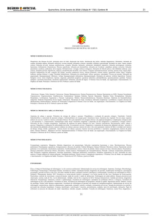 Quarta-feira, 14 de Janeiro de 2016 | Edição N° 732 | Cardeno III
Documento assinado digitalmente conforme MP nº 2.200-2 de 24/08/2001, que institui a Infraestrutura de Chaves Públicas Brasileira - ICP-Brasil.
31
ESTADO DA BAHIA
PREFEITURA MUNICÍPAL DE ILHÉUS
31
MÉDICO DERMATOLOGISTA
Diagnóstico das doenças da pele: principais tipos de lesão, disposição das lesões, distribuição das lesões, métodos diagnósticos; Dermatites: dermatite de
contato, dermatite atópica, dermatite seborréica, eczema numular, dermatites crônicas, dermatite esfoliativa generalizada, dermatite de estase, líquen simples
crônico; Infecções da pele: doenças estafilocócicas, erisipela, foliculite, furúnculo, carbúnculo, hidradenite supurativa, infecções periungueais, eritrasma,
hanseníase, leishmaniose, blastomicose; Micoses superficiais: infecções por dermatófitos, infecções por leveduras: candidíase, ptiríase versicolor; Infecções
parasitárias: escabiose, pediculose, larva migrans; Dermatoviroses: verrugas, molusco contagioso; Alterações do folículo piloso e das Glândulas sebáceas: acne,
rosácea, dermatite perioral, hipertricose, alopecia, pseudofoliculite da barba, cisto sebáceo; Erupções eritematoescamosas: psoríase, ptiríase rósea, líquen plano;
Reações inflamatórias da pele: erupções por drogas, necrólise epidérmica tóxica, eritema polimorfo, eritema nodoso, granuloma anular, lúpus; Erupções
bolhosas: pênfigo foliáceo e vulgar; Dermatite herpetiforme; Alterações da corneificação: ictiose, queratose, calosidades; Úlceras por pressão; Alterações da
pigmentação: hipopigmentação: albinismo, vitiligo, hipopigmentação inflamatória, hiperpigmentação; Alterações da sudorese: miliária, hiperidrose; Tumores
benignos: nevus, nevus displásicos, lipomas, angiomas, granuloma piogênico, queratose seborréica, dermatofibroma, queratoacantoma, quelóide; Tumores
malignos: carcinoma basocelular, carcinoma espinocelular, melanoma, sarcoma de kaposi. O Sistema Único de Saúde, sua organização e funcionamento; Lei
Orgânica da Saúde, Princípios e Diretrizes do SUS; Políticas e pactos de Saúde.
MÉDICO INFECTOLOGISTA
Arboviroses: Dengue, Febre Amarela. Cisticercose. Doença Meningocóccica. Doença Pneumocóccica. Doenças Oportunistas na AIDS. Doenças Sexualmente
Transmissíveis. Esquistossomose. Estafilococcias. Exantemáticas: Sarampo, Rubéola, Varicela. Hanseníase. Hepatites Virais. Histoplasmose. Infecções
Hospitalares. Leishmaniose Tegumentar e Visceral. Leptospirose. Malária. Paracoccidioidomicose. Parasitose Intestinais. Síndrome da Imunodeficiência
Adquirida. Síndrome Respiratória Severa Aguda. Tuberculose. Mecanismo de Ação, resistência, indicações terapêuticas e profiláticas e reações adversas dos
Medicamentos Antimicrobianos. Doenças de Notificação Compulsória.O Sistema Único de Saúde, sua organização e funcionamento; Lei Orgânica da Saúde,
Princípios e Diretrizes do SUS; Políticas e pactos de Saúde.
MÉDICO CIRURGIÃO CABEÇA E PESCOÇO
Anatomia da cabeça e pescoço. Princípios da cirurgia de cabeça e pescoço. Propedêutica e avaliação do paciente cirúrgico. Transfusão. Controle
hidroeletrolítico e nutricional do paciente cirúrgico. Antimicrobianos em cirurgia geral. Anestésicos locais. Anestesia loco regional. Fios de sutura: aspectos
práticos do seu uso. Curativos: técnica e princípios básicos. Pré e pós-operatório em cirurgias eletivas e de urgência/emergência. Complicações cirúrgicas trans
e pós‐operatórias. 6. Traqueostomia. Traumatologia crânio facial. Anomalias congênitas e adquiridas da face (diagnóstico e tratamento). Cirurgias estético-
funcionais da face. Cirurgias ortognáticas. Tratamento da síndrome da apnéia obstrutiva do sono. Tumores craniofaciais. Reconstruções crânio, cabeça e
pescoço. Diagnóstico e tratamento de enfermidades da tiróide Esvaziamento cervical.. Diagnóstico e tratamento de doenças das glândulas salivares, tumorais e
não-tumorais das glândulas salivares, tumores cutâneos em cabeça e pescoço, tumores do nariz e dos seios paranasais, tumores do lábio e cavidade oral, tumores
da faringe, laringe, tiróide e paratiróide, tumores ósseos em cabeça e pescoço, tumores nervosos periféricos e vasculares, aragangliomas, tumores de partes
moles, tumores orbitários. Metástases cervicais. Hiperparatireoidismo. O Sistema Único de Saúde, sua organização e funcionamento; Lei Orgânica da Saúde,
Princípios e Diretrizes do SUS; Políticas e pactos de Saúde.
MÉDICO PNEUMOLOGISTA
Fisiopatologia respiratória, Tabagismo, Métodos diagnósticos em pneumologia. Infecções respiratórias bacterianas e virais, Micobacterioses, Micoses
pulmonares, Pneumopatias supurativas, bronquiectasias e abscesso do pulmão, Asthma Brônquica, Doença Pulmonar Obstrutiva crônica, Hipertensão arterial
pulmonar e Cor pulmonale. Insuficiência respiratória, Tromboembolismo venoso, Câncer de pulmão, Outros tumores de tórax, Derrame pleurai, Pneumotórax,
Doenças pulmonares intersticiais difusas, Sarcoidose, Trauma torácico, Pneumopatias por imunodeficiências, Poluição e doenças ocupacionais pulmonares,
Más Formações congênitas pulmonares, Vasculites pulmonares, Síndromes pulmonares eosinofilicas, Distúrbios respiratórios do sono, Anomalias da caixa
torácica, Cirurgia redutora de volume pulmonar, Transplante pulmonar, Fibrose cística e Emergências respiratórias. O Sistema Único de Saúde, sua organização
e funcionamento; Lei Orgânica da Saúde, Princípios e Diretrizes do SUS; Políticas e pactos de Saúde.
ENFERMEIRO
Ética e Código de Deontologia de Enfermagem. Lei do exercício profissional. Administração do serviço de enfermagem. Anatomia, Fisiologia, Microbiologia,
Embriologia, Farmacologia e Imunologia humana. Assistência à mulher: reprodução humana, diagnóstico de gravidez, modificações fisiológicas e psicológicas
na gestação, gravidez de baixo e alto risco, pré-natal, trabalho de parto e puerpério (normal e patológico) e amamentação. Assistência de enfermagem no Parto e
Puerpério, Planejamento familiar, DST. Assistência ao recém-nascido normal e prematuro e ao recém nascido de alto risco. Patologias do recém-nascido.
Puericultura, controle de crescimento e desenvolvimento, saúde do escolar e saúde do adolescente. Enfermagem em saúde pública: doenças preveníveis por
imunização: vacinas, (rede de frio, via de administração, validade, rede de frio e esquema do M.S); Doenças transmissíveis: medidas preventivas, diagnóstico
diferencial, fisiopatologia, tratamento, controle e epidemiologia. Assistência de enfermagem a portadores de problemas clínicos e cirúrgicos. Assistência de
enfermagem no pré e pós-operatório. Assistência ao idoso. Assistência de enfermagem em psiquiatria. Atenção ao adulto: hipertensão arterial, Diabetes, noções
de oncologia, Noções sobre doenças ocupacionais. Assistência de enfermagem ao paciente em situação de emergência/urgência. Administração do serviço de
enfermagem: características, objetivos, planejamento, organização, comando, controle, avaliação e treinamento em serviço. Atuação da enfermeiro no controle e
prevenção das infecções hospitalares. Limpeza, desinfecção e esterilização: Conceitos, procedimentos, cuidados, tipos de esterilização, indicações. Papel do
enfermeiro no processo de educação em saúde: importância, métodos, atuação, resultados. Consulta em enfermagem: Anamnese, exame físico, diagnóstico e
 