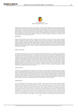 Quarta-feira, 14 de Janeiro de 2016 | Edição N° 732 | Cardeno III
Documento assinado digitalmente conforme MP nº 2.200-2 de 24/08/2001, que institui a Infraestrutura de Chaves Públicas Brasileira - ICP-Brasil.
33
ESTADO DA BAHIA
PREFEITURA MUNICÍPAL DE ILHÉUS
33
Anatomofisiologia do sistema respiratório. Principais doenças pulmonares - avaliação e tratamento fisioterápico. Anatomia do aparelho cardiovascular.
Principais afecções cardiovasculares, avaliação e tratamento. Anatomofisiologia dos sistemas nervoso central e periférico. Principais patologias neurológicas,
avaliação e tratamento. Principais doenças neurológicas infantis, sua avaliação e tratamento fisioterápico. Desenvolvimento motor normal. Principais distúrbios
músculo-esquelético da infância. Doenças do aparelho respiratório infantil. Tratamento fisioterápico. Anatomia do aparelho locomotor. Principais lesões
traumato-ortopédicas e seu tratamento fisioterápico. Doenças do sistema conjuntivo. Pré e pós-operatório de cirurgia ortopédica. Alterações fisiológicas da
gravidez. Fisioterapia no pré e pós-parto. Atividade física na terceira idade. Alterações do organismo com o envelhecimento. AVC – Tratamentos. Doenças
Ósseas. Paraplegia. Órtese e Prótese. Eletroterapia. Ultra-Som. Utilização de laser. Hidroterapia. Programa de Atenção Básica à Saúde. Sistema Único de
Saúde. Código de Ética Profissional. Deveres do Fisioterapeuta. O Sistema Único de Saúde, sua organização e funcionamento; Lei Orgânica da Saúde,
Princípios e Diretrizes do SUS; Políticas e pactos de Saúde.
ODONTÓLOGO
Dentisteria: preparo da cavidade, material de proteção e restauração. Anestesia loco-regional oral: tipos técnicas, anestésicos, acidentes, medicação de
emergência. E4xtração dentária, simples, complicações. Procedimentos cirúrgicos: pré e pós-operatório; pequena e média cirurgia, suturas, acidentes
operatórios. Seminologia oral: anaminese, exame clínico e radiológico. Meios complementares de diagnósticos. Cárie dentária: patologia, diagnóstico,
prevenção: fluorterapia e toxicologia. Poupa dentária: patologia, diagnóstico, conduta clínica. Tratamento conservador da polpa. Estomatologia: gengivites,
estomatites, etiopatogenia, diagnóstico. Procedimentos endodônticos: polpotomia, pulpetomia, tratamento e obturação do conduto radicular. Procedimentos
periodônticos. Síndrome focal: infecção focal, foco de infecção. Doenças gerais com sintomatologia oral: diagnóstico, tratamento local, orientação profissional.
Odontopediatria: dentes decíduos, cronologia. Cirurgia buco-maxilo-facial: técnicas operatórias procedimentos de urgência. Radiologia oral. Terapêuticas:
definição, métodos, agentes medicamentosos. O Sistema Único de Saúde, sua organização e funcionamento; Lei Orgânica da Saúde, Princípios e Diretrizes do
SUS; Políticas e pactos de Saúde.
MÉDICO VETERINÁRIO
Processamento tecnológico de produtos de origem animal: Tecnologia de carnes e derivados (bovinos, suínos e aves): cuidados “ante-mortem”; alterações
“post-mortem”; cuidados no abate; processos físicos e químicos de conservação. Tecnologia de leite e produtos lácteos: cuidados na obtenção higiênica do leite;
fases tecnológicas do beneficiamento; produtos lácteos – fases tecnológicas. Inspeção Sanitária de produtos de Origem Animal: inspeção sanitária de carnes e
derivados (bovinos, suínos e aves); técnica de inspeção “ante e post-mortem”; critérios de julgamento na inspeção; higiene das operações de matança; inspeção
e julgamento de carcaças e vísceras; particularidades da inspeção sanitária; alterações das carnes e derivados; matança de emergência; higiene nas indústrias e
do pessoal; higiene da água de abastecimento. Inspeção sanitária de pescados e derivados: higiene na manipulação na indústria e comércio; composição química
e alterações do pescado; inspeção dos produtos conservados e preservados; legislação e julgamento tecnológico e sanitário. Inspeção sanitária de leite e
produtos lácteos: cuidados higiênicos-sanitários na obtenção; cuidados no beneficiamento e demais operações; flora microbiana patogênica e alterações;
classificação e funcionamento dos estabelecimentos; mérito higiênico-sanitário dos processos de conservação; rotina de inspeção sanitária; fraudes e
adulterações; legislação e critérios de julgamento. Controle Físico – Químico e Microbiológico: Higiene e Saúde Pública Veterinária: inspeção e fiscalização
dos estabelecimentos industriais e comerciais. Doenças de animais transmissíveis ao homem e de interesse sanitário: zoonoses; epidemiologia e investigação
epidemiológica; medidas de controle, prevenção das zoonoses. Toxinfecções e envenenamentos alimentares. Doenças veiculadas por águas ou alimentos.
Epidemiologia e investigação epidemiológica. Medidas de controle. Deontologia.´ O Sistema Único de Saúde, sua organização e funcionamento; Lei Orgânica
da Saúde, Princípios e Diretrizes do SUS; Políticas e pactos de Saúde.
ASSISTENTE SOCIAL
A Assistência Social e a trajetória das Políticas Sociais Brasileiras. Serviço Social na área de saúde e participação comunitária. Intervenções metodológicas do
Serviço Social: abordagens individuais e grupais. O Estatuto da Criança e do Adolescente. O Estatuto do Idoso. Conceitos de participação social, cidadania e
controle social como fundamentos da prática do Serviço Social. O papel do Serviço Social nas ações de inclusão social. Resolução nº 145/2004 sobre o Plano
Nacional de Assistência Social. Aspectos metodológicos da entrevista do Serviço Social. Ética profissional. Legislação Básica do SUS (Constituição Federal
/88, Seção II - Da Saúde, Lei Federal nº. 8.080, de 19/09/1990 e Lei Federal nº. 8.142 de 26/12/1990).Lei Orgânica da Assistência Social; Política Nacional de
Assistente Social; Política Nacional do Idoso; Política Nacional de Integração da Pessoa com Deficiência; Norma Operacional Básica da Assistência Social;
Norma Operacional Básica /RH/SUAS; Tipificação Nacional de Serviços Sócio Assistenciais; Lei Orgânica da Segurança Alimentar e Nutricional (LOSAN);
Estatuto do Idoso; Estatuto da Criança e do Adolescente; Legislação Especifica de programas sociais (Bolsa Família; BPC.PETI etc). O Sistema Único de
Saúde, sua organização e funcionamento; Lei Orgânica da Saúde, Princípios e Diretrizes do SUS; Políticas e pactos de Saúde.
ADMINISTRADOR
Teoria Geral da Administração. Funções administrativas. Planejamento. Organização. Direção: motivação, coordenação, comunicação, delegação de autoridade,
liderança. Controle. Eficiência, eficácia e afetividade. Organização e métodos — Análise administrativa. Fases do processo. Instrumentos de análise.
Simplificação do trabalho. Análise da distribuição do trabalho de rotinas e de formulários. Manuais de organização e normas de serviço. Divisão de trabalho.
Distribuição de espaço. Comunicação Administrativa. Estrutura organizacional. Tipos de estruturação. Departamentalização. Organização formal e informal.
Gráficos de organização. Centralização e descentralização. Processo decisório. Conflitos organizacionais. Processo de desconcentração. Administração de
Pessoal: administração de Recursos Humanos: recrutamento e seleção; avaliação de desempenho; administração de desempenho x identificação de potencial;
acompanhamento e orientação de pessoal; treinamento e desenvolvimento; Sistema de administração financeira e orçamentária: filosofia do planejamento
orçamentário. Objetivos. Vantagens do orçamento programa. Normas de elaboração. Avaliação da execução orçamentária. Sistema orçamentário. Execução
orçamentária. Receitas e despesas públicas. Conceitos e fase. Exercício orçamentário financeiro. Créditos adicionais. Restos a pagar. Dívida pública. Controle
interno e externo. Contabilidade pública. Atribuições econômicas do Estado. Administração de materiais: Recebimento, distribuição, armazenagem, localização,
conservação e precauções. Registros em fichas. Balancete e inventário. O Processo licitatório na administração pública estadual: Legislação básica:
 