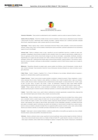 Quarta-feira, 14 de Janeiro de 2016 | Edição N° 732 | Cardeno III
Documento assinado digitalmente conforme MP nº 2.200-2 de 24/08/2001, que institui a Infraestrutura de Chaves Públicas Brasileira - ICP-Brasil.
39
ESTADO DA BAHIA
PREFEITURA MUNICÍPAL DE ILHÉUS
39
Assistente de Informática – Prestar assistência na administração da rede de computadores e suporte aos usuários nos aspectos de hardware e software
Analista de Recursos Humanos – Desenvolver atividades inerentes às áreas de recrutamento e seleção de pessoas, administração de pessoal, treinamento
e desenvolvimento de pessoas e administração salarial, analisando necessidades e sugerindo alternativas para os problemas apresentados, planejando
desenvolvendo e organizando programas, estudos e pesquisas específicos de sua área de atuação.
Arquivologista – Planejar, organizar, dirigir e controlar a documentação institucional. Planejar, orientar acompanhar e executar processo documental e
informativo. Planejar orientar, dirigir e executar atividades de identificação das espécies documentais e participar do planejamento de novos documentos e
organizar serviços de microfilmagem.
Assistente Social – Realizar as atribuições comuns ao cargo e específicas de sua área de qualificação; desenvolver os trabalhos de caráter social,
estimulando e acompanhando o desenvolvimento de trabalhos de caráter comunitário; discutir com as equipes de saúde da família a realidade social e as
formas de organização social dos territórios, desenvolvendo estratégias de como lidar com adversidades e potencialidades, identificando, articulando e
disponibilizando com as equipes uma rede de proteção social; atender as famílias de forma integral, em conjunto com as equipes de saúde da família,
estimulando a reflexão sobre o conhecimento dessas famílias espaços de desenvolvimento individual e grupal,sua dinâmica e crises potenciais e apoiar e
desenvolver técnicas de educação e mobilização em saúde,estimulando e acompanhando as ações de Controle Social,em conjunto com as às equipes de
saúde da família.
Bibliotecário – Disponibilizar informações em qualquer suporte, gerenciar unidades como bibliotecas, centros de documentação e correlatos, além de
redes e sistemas de informação. Tratar tecnicamente e desenvolver recursos informacionais, disseminar informações com o objetivo de facilitar o acesso e
gerar conhecimento.
Cadista Técnico – Auxiliar o Arquiteto, o Engenheiro Civil e o Técnico de Edificações em suas atividades, elaborando desenhos de arquitetura e
engenharia civil, utilizando softwares específicos para desenho técnico.
Condutor Socorrista – Conduzir veículo terrestre de urgência destinado ao atendimento e transporte de pacientes; Conhecer integralmente o veículo e
realizar manutenção básica do mesmo; Estabelecer contato radiofônico (ou telefônico) com a central de regulação médica e seguir suas orientações;
Conhecer a malha viária local; Conhecer a localização de todos os estabelecimentos de saúde integrados ao sistema assistencial local; Auxiliar a equipe
de saúde nos gestos básicos de suporte à vida; Auxiliar a equipe nas imobilizações e transporte de vítimas, realizar medidas reanimação
cardiorrespiratória básica,identificar todos os tipos de materiais existentes nos veículos de socorro e sua utilidade, afim de auxiliar a equipe de saúde;
Contador – Planejar, organizar, supervisionar e executar atividades de contabilidade, verificando contas, emitindo relatórios e pareceres conforme a
legislação específica para apurar os elementos necessários à elaboração orçamentária e ao controle da situação patrimonial e financeira do Município.
Cuidador – Cuidar de bebês, crianças e jovens, a partir de objetivos estabelecidos por instituições especializadas ou responsável direto, zelando pelo bem
estar, saúde, alimentação, higiene pessoal, educação, cultura, recreação e lazer da pessoa assistida.
Educador Físico – Realizar as atribuições comuns ao cargo e específicas de sua área de qualificação; desenvolver atividades físicas e práticas corporais
junto à comunidade; incentivar a criação de espaços de inclusão social, com ações que ampliem o sentimento de pertinência social nas comunidades, por
meio da atividade física regular, do esporte e lazer, das práticas corporais; proporcionar educação permanente em atividade físico-práticas corporais,
nutrição e saúde juntamente com as equipes de saúde da família, supervisionando, de forma compartilhada e participativa, as atividades desenvolvidas
pelas equipes na comunidade; capacitar os profissionais, para atuarem como facilitadores no desenvolvimento de atividades físicas e práticas corporais;
promover eventos que estimulem a realização de atividades físicas nos equipamentos públicos presentes no território, escolas, creches; realizar atividades
educativas que estimulem no indivíduo e na coletividade a prevenção,a minimização dos riscos e a proteção à vulnerabilidade.
Encanador – Instalar reparar e conservar instalações hidráulicas e sanitárias nos prédios públicos ou locais públicos que requeiram seus serviços, utilizando
ferramentas manuais e especiais para possibilitar o funcionamento dos mesmos.
Enfermeiro – Realizar as atribuições comuns ao cargo e específicas de sua área de qualificação; realizar assistência integral aos indivíduos e famílias em
todas as fases do desenvolvimento humano inclusive nas Unidades de Saúde da Família-USF e quando indicado ou necessário, no domicílio e/ou nos
demais espaços comunitários; realizar cuidados diretos de enfermagem nas urgências e emergências clínicas, fazendo a indicação para a continuidade da
 