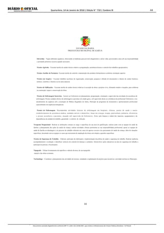 Quarta-feira, 14 de Janeiro de 2016 | Edição N° 732 | Cardeno III
Documento assinado digitalmente conforme MP nº 2.200-2 de 24/08/2001, que institui a Infraestrutura de Chaves Públicas Brasileira - ICP-Brasil.
44
ESTADO DA BAHIA
PREFEITURA MUNICÍPAL DE ILHÉUS
44
Salvavidas – Vigiar ambientes aquáticos, observando os banhistas para prevenir afogamentos e salvar vidas, percorrendo a área sob sua responsabilidade
e prestando primeiros socorros quando necessário.
Técnico Agrícola – Executar tarefas de caráter técnico relativo a programação, assistência técnica e controle dos trabalhos agropecuários.
Técnico Auxiliar de Farmácia- Executar tarefas de controle e manutenção dos produtos farmacêuticos conforme orientação superior.
Técnico em Arquivo – Executar trabalhos auxiliares de organização, conservação, pesquisa e difusão de documentos e objetos de caráter histórico,
artístico, científico e literário ou de outra natureza.
Técnico de Edificações – Executar tarefas de caráter técnico relativas à execução de obras e projetos civis, efetuando estudos e traçados, para colaborar
na construção, reparo e conservação de obras.
Técnico de Enfermagem Socorrista - Assistir ao Enfermeiro no planejamento, programação, orientação e supervisão das atividades de assistência de
enfermagem; Prestar cuidados diretos de enfermagem a pacientes em estado grave, sob supervisão direta ou à distância do profissional Enfermeiro e nos
atendimentos de urgência sob a orientação do Médico Regulador do Samu; Participar de programas de treinamento e aprimoramento profissional
especialmente em urgências/emergências.
Técnico de Enfermagem– Desempenhar atividades técnicas de enfermagem em hospitais, clínicas, postos de saúde e outros
estabelecimentos de assistência médica, unidades móveis e domicílios. Atuar em cirurgia, terapia, puericultura, pediatria, ob stetrícia
e prestar assistência a pacientes, atuando sob supervisão do Enfermeiro. Zelar pela limpeza e ordem dos materiais, equipamentos e de
dependências da unidade de trabalho, garantindo o controle de infecção.
Terapeuta Ocupacional– Realizar as atribuições comuns ao cargo e específicas de sua área de qualificação; realizar junto com as equipes de saúde da
família o planejamento das ações de saúde da criança; realizar atividades clínicas pertinentes as sua responsabilidade profissional; apoiar as equipes de
saúde da família na abordagem e no processo de trabalho referente aos casos de agravos severos e/ou persistentes de saúde da criança, além de situações
específicas, discutindo com as equipes os casos que necessitem de ampliação da clínica em relação a questões específicas.
Técnico de Segurança do Trabalho – Elaborar, participar da elaboração e implementação da política de saúde e segurança do trabalho. Realizar auditoria,
acompanhamento e avaliação e identificar variáveis de controle de doenças e acidentes. Desenvolver ações educativas na área de segurança do trabalho e
participar de perícias e fiscalizações.
Tópografo – Efetuar levantamento da superfície e subsolo da terra, de sua topografia
natural e das obras existentes.
Turismólogo – Coordenar o planejamento das atividades de turismo, estudando a implantação de projetos para incentivar a atividade turística no Município.
 