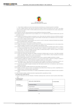 Quarta-feira, 14 de Janeiro de 2016 | Edição N° 732 | Cardeno III
Documento assinado digitalmente conforme MP nº 2.200-2 de 24/08/2001, que institui a Infraestrutura de Chaves Públicas Brasileira - ICP-Brasil.
9
ESTADO DA BAHIA
PREFEITURA MUNICÍPAL DE ILHÉUS
9
 Tempo Adicional -candidato que necessitar de tempo adicional para realização das provas, devidamente requerido em Laudo Médico,
4.2.7 Para os candidatos deficientes visuais (cegos) que solicitarem prova especial em Braile serão oferecidas provas nesse sistema e suas respostas
deverão ser transcritas também em Braile. Os referidos candidatos deverão levar para esse fim, no dia da aplicação da prova, reglete e punção podendo,
ainda, utilizar-se de soroban.
4.2.8 Aos deficientes visuais (baixa visão) que solicitarem prova especial ampliada serão oferecidas provas ampliadas
4.2.9 O candidato deverá indicar o tamanho da fonte de sua prova ampliada, entre 18, ou 24. Quando não houver indicação do tamanho da fonte a prova será
confeccionada na fonte 18.
4.2.10 Os candidatos que não atenderem aos dispositivos mencionados nos itens e alíneas citadas serão considerados como pessoa sem deficiência seja qual for
o motivo alegado, bem como poderão não ter as condições especiais atendidas e não poderá impetrar recurso administrativo em favor de sua condição.
4.2.11 No ato da inscrição o candidato com deficiência deverá:
4.2.12 Declarar estar ciente das atribuições do cargo pretendido e que, no caso de vir a exercê-lo, estará sujeito à avaliação pelo desempenho dessas atribuições,
para fins de habilitação durante o estágio probatório.
4.2.13 Informar se deseja concorrer às vagas reservadas aos candidatos com deficiência.
4.2.14 O candidato com deficiência, se classificado na forma deste Edital, além de figurar na lista de classificação geral, terá seu nome constante da lista
específica de candidatos com deficiência, observado a quantidade de vagas ofertada para o cargo.
4.2.15 O candidato com deficiência aprovado no Concurso, quando convocado, deverá apresentar documento de identidade original, submeter-se à avaliação a
ser realizada pela Junta Médica Oficial do Município, objetivando verificar se a deficiência se enquadra na previsão do art. 4º, e seus incisos do
Decreto Federal nº 3.298/1999 e suas alterações, nos termos do artigo 37 do referido Decreto Federal nº 3.298/1999 e na Súmula 377 do Superior
Tribunal de Justiça - STJ, observadas as seguintes disposições:
4.2.16 A avaliação de que trata este item possui caráter terminativo.
4.2.17 A avaliação ficará condicionada à apresentação, pelo candidato, de documento de identidade original e terá por base o Laudo Médico encaminhado
conforme especificado, atestando a espécie e o grau ou nível de deficiência, com expressa referência ao código correspondente da Classificação
Internacional de Doenças – CID, bem como a provável causa da deficiência.
4.2.18 Não haverá segunda chamada, seja qual for o motivo alegado para justificar o atraso ou a ausência do candidato com deficiência, à avaliação.
4.2.19 Se a deficiência do candidato não se enquadrar na previsão do art. 4º e seus incisos do Decreto Federal nº 3.298/1999 e suas alterações e na Súmula 377
do Superior Tribunal de Justiça – STJ ele será classificado em igualdade de condições com os demais candidatos.
4.2.20 As vagas definidas no item 2.2 deste Edital que não forem providas por falta de candidatos com deficiência ou por reprovação no Concurso, ou na
Perícia Médica, esgotada a listagem especial, serão preenchidas pelos demais candidatos com estrita observância à ordem classificatória.
4.2.21 A não observância, pelo candidato, de qualquer das disposições deste Edital implicará a perda do direito a ser nomeado para as vagas reservadas aos
candidatos com deficiência.
4.2.22 O laudo médico apresentado terá validade somente para este Concurso Público e não será devolvido.
4.2.23 O candidato com deficiência, depois de nomeado, será acompanhado pela Junta Médica Oficial do Município, que avaliará a compatibilidade entre as
atribuições do cargo e a sua deficiência durante o estágio probatório.
4.2.24 O candidato com deficiência que na Perícia Médica tiver constatada a incompatibilidade de sua deficiência com as atribuições do cargo será excluído do
certame.
4.2.25 Após a investidura do candidato, a deficiência não poderá ser arguida para justificar a aposentadoria por invalidez.
5. DAS PROVAS DE CONHECIMENTOS
5.1 A Prova de Conhecimentos será de Carter Eliminatório e Classificatório, aplicada para todos os inscritos terá o número de questões conforme Quadro a
seguir :
5.1.1 Quadro de Provas
ESCOLARIDADE
PROVAS DE CONHECIMENTOS Nº. DE QUESTÕES
Escolaridade
Nível Fundamental
Conhecimentos Básicos
Língua Portuguesa 10
Conhecimentos Contemporâneos 10
Conhecimentos Específicos 10
 