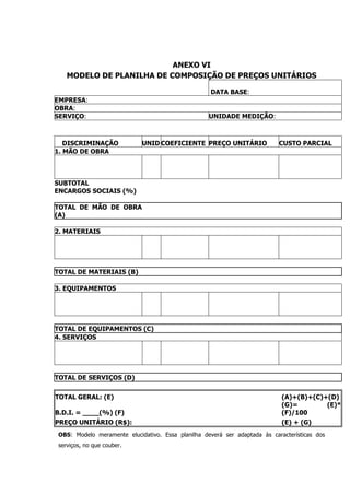 ANEXO VI
MODELO DE PLANILHA DE COMPOSIÇÃO DE PREÇOS UNITÁRIOS
DATA BASE:
EMPRESA:
OBRA:
SERVIÇO: UNIDADE MEDIÇÃO:
DISCRIMINAÇÃO UNID COEFICIENTE PREÇO UNITÁRIO CUSTO PARCIAL
1. MÃO DE OBRA
SUBTOTAL
ENCARGOS SOCIAIS (%)
TOTAL DE MÃO DE OBRA
(A)
2. MATERIAIS
TOTAL DE MATERIAIS (B)
3. EQUIPAMENTOS
TOTAL DE EQUIPAMENTOS (C)
4. SERVIÇOS
TOTAL DE SERVIÇOS (D)
TOTAL GERAL: (E) (A)+(B)+(C)+(D)
B.D.I. = ____(%) (F)
(G)= (E)*
(F)/100
PREÇO UNITÁRIO (R$): (E) + (G)
OBS: Modelo meramente elucidativo. Essa planilha deverá ser adaptada às características dos
serviços, no que couber.
 