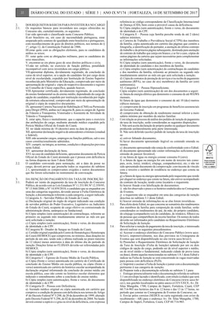 2.	 DOS REQUISITOS BÁSICOS PARA INVESTIDURA NO CARGO
2.1.	 Os requisitos básicos para investidura nos cargos oferecidos no
Concurso são, cumulativamente, os seguintes:
	 I.ter sido aprovado e classificado neste Concurso Público;
	 II.ser brasileiro ou, em caso de nacionalidade portuguesa, estar
amparado pelo estatuto de igualdade entre brasileiros e portugueses,
com reconhecimento de gozo de direitos políticos, nos termos do §
1°, artigo 12, da Constituição Federal de 1988;
	 III.estar quite com as obrigações eleitorais, para os candidatos de
ambos os sexos;
	 IV. estar quite com as obrigações militares, para os candidatos do
sexo masculino;
	 V.	encontrar-se em pleno gozo de seus direitos políticos e civis;
	 VI.não ter sofrido, no exercício de função pública, penalidade
incompatível com nova investidura em cargo público;
	 VII.apresentar diploma, devidamente registrado, de conclusão de
curso de nível superior, se a opção do candidato for por cargo deste
nível de escolaridade, expedido por Instituição de Ensino Superior
reconhecida pelo Ministério da Educação, comprovado por meio da
apresentação de original e cópia do respectivo documento e registro
no Conselho de Classe específica, quando houver;
	 VIII.Apresentar certificado, devidamente registrado, de conclusão
do ensino fundamental ou do ensino médio, dependendo do cargo de
opção do candidato, expedido por instituição reconhecida por órgão
da estrutura educacional, comprovado por meio da apresentação de
original e cópia do respectivo documento;
	 IX. apresentar Carteira Nacional de Habilitação (CNH) ou Permissão
para Dirigir (PPD), ambas na Categoria B, para os cargos de Agente
de Trânsito e Transportes, Vistoriador e Assistente de Atividade de
Trânsito e Transportes;
	 X. estar apto, física e mentalmente, que o capacite para o exercício
das atribuições do cargo, mediante atestado médico expedido pela
Perícia Médica Oficial do Estado do Ceará;
	 XI. ter idade mínima de 18 (dezoito) anos na data da posse;
	 XII. apresentar declaração negativa de antecedentes criminais (estadual
e federal);
	 XIII .não acumular cargos, empregos ou funções públicas, salvo nos
casos constitucionalmente admitidos;
	 XIV. cumprir, na íntegra, as normas, condições e disposições previstas
neste Edital;
	 XV. apresentar declaração de bens;
	 XVI. no caso de candidato deficiente, apresentar documento de Perícia
Oficial do Estado do Ceará atestando que é pessoa com deficiência
na forma disposta no item 5 deste Edital.
2.2.	 O candidato convocado para nomeação, até a data da posse no
cargo, deverá provar que preenche todos os requisitos do subitem
2.1, apresentando os comprovantes exigidos e outros documentos
que lhe forem solicitados no instrumento de convocação.
3.	 DA ISENÇÃO DO PAGAMENTO DA TAXA DE INSCRIÇÃO
3.1.	 Poderá ser isento do pagamento da taxa de inscrição do Concurso
Público, de acordo com as Leis Estaduais Nº 11.551/89; Nº 12.559/95;
Nº 13.844/2006; e Nº 14.859/2010, o candidato que se enquadrar em
uma das categorias seguintes, devendo anexar à Ficha Eletrônica de
Isenção, a documentação referente a cada categoria, a seguir indicada:
	 I.Categoria A - Servidor Público do Estado do Ceará;
	 a)	Declaração original do órgão de origem indicando sua condição
de servidor público do Poder Executivo, Legislativo ou Judiciário
do Estado do Ceará, ocupante de cargo efetivo ou comissionado da
administração direta, autárquica ou fundacional;
	 b)	Cópia simples (sem autenticação) do contracheque, referente ao
primeiro ou segundo mês imediatamente anterior ao mês em que
será solicitada a isenção;
	 c)	Cópia simples (sem autenticação), frente e verso, do documento
de identidade e do CPF.
	 II.Categoria B - Doador de Sangue no Estado do Ceará;
	 a)	 Certidão original expedida pelo Centro de Hematologia e Hemoterapia
do Ceará (HEMOCE) que comprovem, no mínimo, duas doações no
período de um ano, tendo sido a última realizada no prazo máximo
de 12 (doze) meses anteriores à data do último dia do período de
isenção. Doações feitas no FUJISAN deverão ser referendadas pelo
HEMOCE.
	 b)	Cópia simples (sem autenticação), frente e verso, do documento
de identidade e do CPF.
	 III.Categoria C - Egresso do Ensino Médio de Escola Pública;
	 a)	Cópia (frente e verso) autenticada em cartório do Certificado de
conclusão do Ensino Médio em escola pública, ou cópia (frente e
verso) autenticada em cartório do histórico escolar acompanhada de
declaração original informando da conclusão do ensino médio em
escola pública, caso não conste no histórico escolar elementos que
induzam o entendimento sobre a conclusão do ensino médio;
	 b)	Cópia simples (sem autenticação), frente e verso, do documento
de identidade e do CPF.
	 IV.Categoria D – Pessoa com Deficiência;
	 a)	Atestado médico original ou cópia autenticada em cartório que
comprove a condição de pessoa com deficiência nos termos do Artigo
4º do Decreto Federal Nº 3.298, de 20 de dezembro de 1999, alterado
pelo Decreto Federal Nº 5.296, de 02 de dezembro de 2004. No laudo
deverá constar a espécie e o grau ou nível da deficiência, com expressa
referência ao código correspondente da Classificação Internacional
de Doença (CID), bem como a provável causa da deficiência;
	 b)	Cópia simples (sem autenticação), frente e verso, do documento
de identidade e do CPF.
	 V.Categoria E – Pessoa cuja família perceba renda de até 2 (dois)
salários mínimos;
	 a)	Carteira de Trabalho e Previdência Social (CTPS) dos membros
da família, cópia autenticada em cartório das páginas que contém a
fotografia, a identificação do portador, a anotação do último contrato
de trabalho e da primeira página subsequente, destinada para anotação
de contrato de trabalho que esteja em branco; e se for o caso, cópias de
outras páginas da carteira que sejam necessárias para complementar
as informações solicitadas;
	 b)	Cópia simples (sem autenticação), frente e verso, do documento
de identidade do candidato e dos membros da família;
	 c)	Cópia simples (sem autenticação) do contracheque do candidato
e dos membros da família, referente ao primeiro ou segundo mês
imediatamente anterior ao mês em que será solicitada a isenção;
	 d)	Cópia de contratos de prestação de serviços e/ou recibo de pagamento
autônomo (RPA), no caso de o(s) membro(s) da família ser (em)
autônomo(s).
	 VI. Categoria F – Pessoa Hipossuficiente.
	 Cópia simples (sem autenticação) de um dos documentos a seguir:
	 a)	 fatura de energia elétrica que demonstre o consumo de até 80 kWh
mensais;
	 b)	fatura de água que demonstre o consumo de até 10 (dez) metros
cúbicos mensais;
	 c)	 comprovante de inscrição em programas de benefícios assistenciais
do Governo Federal;
	 d)	comprovante de obtenção de rendimento mensal inferior a meio
salário mínimo por membro do núcleo familiar.
3.2.	 Com relação ao processo de análise dos pedidos de isenção do pagamento
da taxa de inscrição, serão consideradas as seguintes disposições:
	 I. Não será aceita declaração de próprio punho ou qualquer documento
produzido unilateralmente pela parte interessada.
	 II. Não será deferido (aceito) pedido de isenção da taxa de inscrição
se:
	 a)	estiver faltando documento;
	 b)	haver documento apresentado ilegível ou contendo emenda ou
rasura;
	 c)	 documento apresentado não esteja de conformidade com o Edital;
	 d)	documento apresentado não conter informações suficientes para
emissão de parecer favorável;
	 e)	na fatura de água ou energia constar consumo 0 (zero).
	 f)	 a fatura de água ou energia for em nome de terceiro tais como:
pais, avós, tio(a), irmã(o), cônjuge, companheiro(a), etc; e não ter
sido apresentado documento de comprovação convincente de vínculo
com o terceiro e também de residência no endereço que consta na
fatura;
	 g)	a fatura de água ou energia apresentada pelo requerente que reside
por aluguel no endereço que conste na fatura, não estiver acompanhado
do contrato de locação, tendo como locatário o requerente.
	 h)	houver fraude e/ou falsificação de documentos;
	 i)	 não for observado o prazo e os horários estabelecidos no Cronograma
de Eventos;
	 j)	 o requerente não se enquadrar em uma das categorias de isenção
descritas no subitem 3.1 deste Edital;
	 k)	houver omissão de informações ou se elas forem inverídicas;
3.3.	 Para efeito deste Edital, no que concerne ao somatório dos rendimentos
dos membros da família para composição da renda familiar, serão
considerados os rendimentos do pai, da mãe, do próprio candidato,
do cônjuge (companheiro (a)) do candidato, de irmão(s), filho(s) ou
de pessoas que compartilhem da receita familiar. Os nomes de todos
deverão ser informados pelo candidato no Requerimento Eletrônico
de Solicitação de Isenção.
3.4.	 Para solicitar a isenção do pagamento da taxa de inscrição, o interessado
deverá realizar os seguintes procedimentos:
	 a)	Acessar o endereço eletrônico do Concurso Público (www.uece.
br/cev), impreterivelmente, nos dias previstos no Cronograma de
Eventos que será disponibilizado no site (www.uece.br/cev);
	 b)	Preencher o Requerimento Eletrônico de Solicitação de Isenção
da Taxa de Inscrição (Ficha de Isenção) optando por um ou dois
códigos de opção de cargo, podendo ser de nível superior e médio,
ou de nível médio e fundamental, indicando cidade de prova (uma
ou duas), dentre aquelas mencionadas no subitem 1.8.1 deste Edital e
indicar na Ficha de Isenção se está concorrendo às vagas reservadas
para pessoa com deficiência (PcD);
	 c)	 Imprimir e assinar a Ficha de Isenção e juntar com a documentação
pertinente à sua categoria de isenção;
	 d)	Preparar toda a documentação referida no subitem 3.1 para:
	 i.	 Entregar presencialmente toda a documentação referida no subitem
3.1 em envelope lacrado e identificado, com rótulo (colado) que será
disponibilizado no endereço eletrônico do Concurso (www.uece.br/
cev), nos guichês localizados no pátio anexo à CEV/UECE, Av. Dr.
Silas Munguba, 1700, Campus do Itaperi, Fortaleza, Ceará, CEP
60.714-903 nos horários das 8 às 12 horas e das 13 às 17 horas, no
período que constar no Cronograma de Eventos do Concurso; ou
	 ii.	Enviar pelos correios (SEDEX ou carta registrada com aviso de
recebimento - AR) para o endereço Av. Dr. Silas Munguba, 1700,
Campus do Itaperi, Fortaleza, Ceará, CEP 60.714-903.
22 DIÁRIO OFICIAL DO ESTADO | SÉRIE 3 | ANO IX Nº174 | FORTALEZA, 14 DE SETEMBRO DE 2017
 
