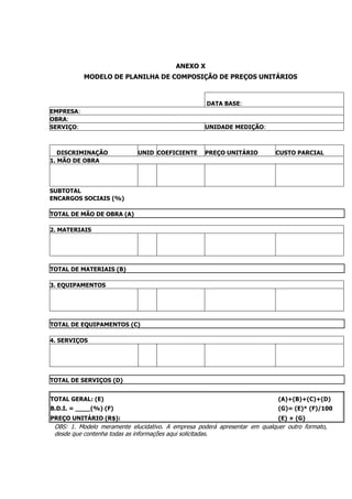 ANEXO X
MODELO DE PLANILHA DE COMPOSIÇÃO DE PREÇOS UNITÁRIOS
DATA BASE:
EMPRESA:
OBRA:
SERVIÇO: UNIDADE MEDIÇÃO:
DISCRIMINAÇÃO UNID COEFICIENTE PREÇO UNITÁRIO CUSTO PARCIAL
1. MÃO DE OBRA
SUBTOTAL
ENCARGOS SOCIAIS (%)
TOTAL DE MÃO DE OBRA (A)
2. MATERIAIS
TOTAL DE MATERIAIS (B)
3. EQUIPAMENTOS
TOTAL DE EQUIPAMENTOS (C)
4. SERVIÇOS
TOTAL DE SERVIÇOS (D)
TOTAL GERAL: (E) (A)+(B)+(C)+(D)
B.D.I. = ____(%) (F) (G)= (E)* (F)/100
PREÇO UNITÁRIO (R$): (E) + (G)
OBS: 1. Modelo meramente elucidativo. A empresa poderá apresentar em qualquer outro formato,
desde que contenha todas as informações aqui solicitadas.
 