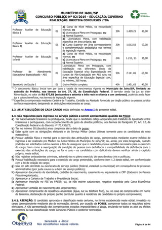MUNICÍPIO DE JAHU/SP
CONCURSO PÚBLICO Nº 02/2019 - EDUCAÇÃO/GOVERNO
REALIZAÇÃO: OBJETIVA CONCURSOS LTDA
Página 4 de 44
Professor Auxiliar de Educação
Básica I
01
a) Curso de Nível Médio, na modalidade
Normal; ou
b) Licenciatura Plena em Pedagogia; ou
c) Normal Superior.
30h 1.499,25 40,00
Professor Auxiliar de Educação
Básica II
01
a) Licenciatura Plena, com habilitação
específica em área própria; ou
b) Curso Superior em área correspondente
e complementação pedagógica nos termos
da legislação vigente.
30h 1.612,50 50,00
Professor Auxiliar de Educação
Infantil
01
a) Curso de Nível Médio, na modalidade
Normal; ou
b) Licenciatura Plena em Pedagogia; ou
c) Normal Superior.
24h 1.217, 53 35,00
Professor de Atendimento
Educacional Especializado - AEE
01
Licenciatura Plena em Pedagogia, com
habilitação nas diferentes áreas da
Educação Especial e/ou Especialização em
cursos de Pós-Graduação em AEE e/ou na
área específica de Educação Especial com,
no mínimo, 360 horas.
30h 2.141,85 60,00
Secretário de Escola I 01 Ensino Médio completo. 40h 1.401,65 40,00
(1)
O Vencimento Básico Inicial tem por base a tabela de vencimentos vigente no Município de Jahu/SP, limitado ao
subsídio do Prefeito, nos termos do Art. 37, XI, da Constituição Federal. O servidor ainda faz jus ao Vale-
Alimentação, no valor de R$ 673,81 (seiscentos e setenta e três reais e oitenta e um centavos), podendo ainda fazer
jus a outros benefícios, nos termos da legislação vigente.
(2)
Experiência comprovada mediante Carteira de Trabalho, Certidão ou Atestado fornecido por órgão público ou pessoa jurídica
ou física responsável, designando as atribuições relacionadas ao cargo.
1.3. AS ATRIBUIÇÕES DE CADA CARGO estão definidas no Anexo I do presente edital.
1.4. São requisitos para ingresso no serviço público a serem apresentados quando da Posse:
a) Ter nacionalidade brasileira ou portuguesa, desde que o candidato esteja amparado pelo Estatuto de Igualdade entre
brasileiros e portugueses, com reconhecimento de gozo de direitos políticos, nos termos do Parágrafo 1º, Art. 12, da
Constituição Federal e do Decreto nº 70.436/72;
b) Ter no mínimo 18 (dezoito) anos completos até a data da posse;
c) Estar quite com as obrigações eleitorais e do Serviço Militar (estas últimas somente para os candidatos do sexo
masculino);
d) Possuir aptidão física e mental para o exercício das atribuições do cargo, comprovados mediante exame médico de
ingresso a ser realizado por Médico ou Junta Médica do Município de Jahu/SP, ou, ainda, por esta designada, quando
poderão ser solicitados outros exames a fim de assegurar que o candidato possua aptidão necessária para o exercício
do cargo, bem como a averiguação da condição de pessoa com deficiência e compatibilidade da deficiência com o
exercício das atribuições do cargo, se for o caso - os candidatos com deficiência devem verificar ainda o capítulo
próprio, neste edital;
e) Não registrar antecedentes criminais, achando-se no pleno exercício de seus direitos civis e políticos;
f) Possuir habilitação necessária para o exercício do cargo pretendido, conforme item 1.2 deste edital, em conformidade
com a lei de criação do cargo;
g) Não ter sido demitido ou exonerado de serviço público (federal, estadual ou municipal) em consequência de processo
administrativo (por justa causa ou a bem do serviço público);
h) Apresentar documento de identidade, certidão de nascimento, casamento ou equivalente e CPF (Cadastro de Pessoa
Física) regularizado;
i) Apresentar a Carteira de Trabalho e Previdência Social;
j) Apresentar inscrição no PIS ou PASEP, ou, se não estiver cadastrado, negativa expedida pela Caixa Econômica
Federal;
k) Apresentar Certidão de nascimento dos dependentes;
l) Apresentar comprovante de residência atualizado (água, luz ou telefone fixo), ou, no caso de comprovante em nome
de terceiros, declaração de próprio punho do titular quanto à residência do candidato no próprio comprovante;
1.4.1. ATENÇÃO: O candidato aprovado e classificado neste certame, na forma estabelecida neste edital, investido no
cargo correspondente mediante ato de nomeação, deverá, por ocasião da POSSE, comprovar todos os requisitos acima
elencados. A não apresentação dos comprovantes exigidos impossibilitará a posse, anulando-se todos os atos ou efeitos
decorrentes da sua classificação neste Concurso Público e posterior nomeação.
 