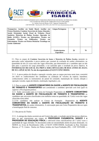 ASSOCIAÇÃO DE ENSINO SUPERIOR SANTA TEREZINHA/PREFEITURA MUNICIPAL DE PRINCESA ISABEL
FACULDADE DE CIÊNCIAS DE TIMBAÚBA-FACET CONCURSOS
Av. Antônio Xavier de Moraes, 03/05 - Sapucaia Timbaúba (PE)
CEP 55870-000 - Tele fax (81) 3631.0752 e (81) 36311533 www.facetconcursos.com.br
Transportes; Auxiliar em Saúde Bucal; Auxiliar em
Prótese Dentária; Condutor Socorrista do Samu; Educador
Social; Orientador Social; Fiscal de Tributos; Fiscal
Sanitário; Motorista de Ônibus Escolar; Operador de
Rádio (SAMU); Técnico em Informática; Técnico em
Farmácia; Técnico em Edificações; Técnico em
Enfermagem; Técnico em Prótese Dentáriae Tecnólogo em
Gestão Ambiental
Língua Portuguesa 10 30
Conhecimentos
Específicos
20 70
2.1. Para os cargos de Condutor Socorrista do Samu e Motorista de Ônibus Escolar, somente os
aprovados serão submetidos à prova prática que constará de avaliação de caráter eliminatório, na
quantidade de três (3) vezes mais das vagas oferecidas, que determinará ser o candidato apto ou não
apto para o exercício do cargo pretendido, a ser realizada após o resultado da prova objetiva. A
INFORMAÇÃO DO LOCAL DA PROVA SERÁ DIVULGADA 08 DIAS ANTES DA DATA
DE SUA APLICAÇÃO. No site da organizadora (FACET CONCURSOS)
2.1.1. A prova prática de direção e operação veicular, para os cargos previstos neste item, consistirá
em aferir os conhecimentos dos candidatos na condução de veículos da espécie; manobras;
conhecimentos sobre os instrumentos do painel de comando; manutenção do veículo; direção e
operação veicular, regras de trânsito, sinalização, legislação e, etc.
2..2. Para os cargos de AGENTE COMUNITÁRIO DA SAÚDE e AGENTE DE FISCALIZAÇÃO
DE TRÂNSITO E TRANSPORTES será considerado o candidato aprovado com nota igual ou
superior a 50 (cinquenta pontos).
2.2.1. Serão convocados para os Cursos de Formação Preparatório de AGENTE COMUNITÁRIO
DA SAÚDE e AGENTE DE FISCALIZAÇÃO DE TRÂNSITO E TRANSPORTES os
candidatos que estiverem classificados com melhores notas na quantidade, de 3 (três) vezes das vagas
oferecidas neste edital.
2.2.2.Os candidatos irão realizar os Cursos de Formação Preparatório de AGENTE
COMUNITÁRIO DA SAÚDE e AGENTE DE FISCALIZAÇÃO DE TRÂNSITO E
TRANSPORTES, de caráter eliminatório. A convocação para este Curso Preparatório dar-se-á após
a homologação final do concurso.
2.3. Das provas de Títulos
2.3.1. A entrega dos títulos ocorrerá em até 8 (oito) dias após o resultado parcial das provas objetivas,
para os que concorreram aos cargos de PROFESSOR FUDAMENTAL BÁSICO I e
PROFESSOR DE EDUCAÇÃO FÍSICA, e obtiverem notas classificatórias até 3 (três) vezes a
quantidade de vagas ofertadas. Os documentos serão ser encaminhados dentro do prazo destacado, via
SEDEX ou Aviso de Recebimento (AR), à FACET CONCURSOS, localizada na Rua Almirante
Barroso, nº 72. Centro– Núcleo de Prática Jurídica da Facet-Timbaúba (PE) - CEP 55870-000. --
 
