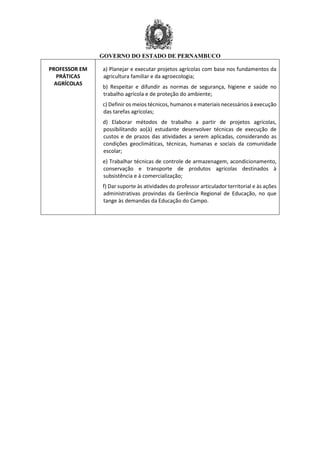 GOVERNO DO ESTADO DE PERNAMBUCO
PROFESSOR EM
PRÁTICAS
AGRÍCOLAS
a) Planejar e executar projetos agrícolas com base nos fundamentos da
agricultura familiar e da agroecologia;
b) Respeitar e difundir as normas de segurança, higiene e saúde no
trabalho agrícola e de proteção do ambiente;
c) Definir os meios técnicos, humanos e materiais necessários à execução
das tarefas agrícolas;
d) Elaborar métodos de trabalho a partir de projetos agrícolas,
possibilitando ao(à) estudante desenvolver técnicas de execução de
custos e de prazos das atividades a serem aplicadas, considerando as
condições geoclimáticas, técnicas, humanas e sociais da comunidade
escolar;
e) Trabalhar técnicas de controle de armazenagem, acondicionamento,
conservação e transporte de produtos agrícolas destinados à
subsistência e à comercialização;
f) Dar suporte às atividades do professor articulador territorial e às ações
administrativas provindas da Gerência Regional de Educação, no que
tange às demandas da Educação do Campo.
 