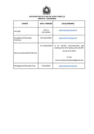 GOVERNO DO ESTADO DE PERNAMBUCO
ANEXO XI – CALENDÁRIO
EVENTO DATA / PERÍODO LOCAL/HORÁRIO
Inscrição
11/11 a
25/11/2019
www.educacao.pe.gov.br
Divulgação do Resultado
Preliminar
Até 16/12/2019 www.educacao.pe.gov.br
Recurso ao Resultado Preliminar
17 a 19/12/2019 A ser enviado, exclusivamente, pelo
endereço de e-mail abaixo, até às 23:59h
do dia 19.12.2019.
E-mail:
recurso.selecaosimplificada@gmail.com
Divulgação do Resultado Final 27/12/2019 www.educacao.pe.gov.br
 
