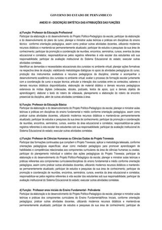 GOVERNO DO ESTADO DE PERNAMBUCO
ANEXO IV - DESCRIÇÃO SINTÉTICA DAS ATRIBUIÇÕES DAS FUNÇÕES
a) Função: Professor da Educação Profissional
Participar da elaboração e do desenvolvimento do Projeto Político-Pedagógico da escola; participar da elaboração
e do desenvolvimento do plano de curso; planejar e ministrar aulas teóricas e práticas em disciplinas do ensino
técnico conforme orientação pedagógica, assim como praticar outras atividades docentes, utilizando modernos
recursos didáticos e mantendo-se permanentemente atualizado; participar de estudos e pesquisas da sua área de
conhecimento; participar da promoção e coordenação de reuniões, encontros, seminários, cursos, eventos da área
educacional e correlatos; responsabilizar-se pelos registros referentes à vida escolar dos estudantes sob sua
responsabilidade; participar da avaliação institucional do Sistema Educacional do estado; executar outras
atividades correlatas.
Identificar as demandas e necessidades educacionais dos cursistas no ambiente virtual; planejar ações formativas
na respectiva área de atuação; viabilizando metodologias dialógicas no apoio às atividades pedagógicas do curso;
produção dos instrumentos avaliativos e recursos pedagógicos da disciplina; orientar e acompanhar o
desenvolvimento acadêmico dos cursistas no ambiente virtual; avaliar o processo de formação escolar juntamente
com a coordenação de curso e equipe técnica; articular a interação dos cursistas entre os conteúdos; saberes e
demais recursos didáticos disponibilizados, elaboração de material didático e demais recursos pedagógicos
extensivos às mídias digitais (videoaulas, ebooks, podcasts, textos de apoio, quiz e demais objetos de
aprendizagem); elaborar o texto do roteiro de videoaula, planejamento e elaboração do roteiro de encontro
presencial da disciplina, além de outras atividades correlatas à área.
b) Função: Professor da Educação Básica
Participar da elaboração e do desenvolvimento do Projeto Político-Pedagógico da escola; planejar e ministrar aulas
teóricas e práticas em disciplinas do ensino fundamental e médio conforme orientação pedagógica, assim como
praticar outras atividades docentes, utilizando modernos recursos didáticos e mantendo-se permanentemente
atualizado; participar de estudos e pesquisas da sua área de conhecimento; participar da promoção e coordenação
de reuniões, encontros, seminários, cursos, eventos da área educacional e correlatos; responsabilizar-se pelos
registros referentes à vida escolar dos estudantes sob sua responsabilidade; participar da avaliação institucional do
Sistema Educacional do estado; executar outras atividades correlatas.
c) Função: Professor de Ciências Humanas ou Ciências Exatas do Projeto Travessia
Participar das formações continuadas que compõem o Projeto Travessia; aplicar a metodologia telessala, conforme
orientações pedagógicas específicas; atuar como mediador pedagógico para promover aprendizagem de
habilidades e competências relacionadas aos componentes curriculares da área de ciências humanas ou exatas;
participar do planejamento individual e coletivo das ações pedagógicas do Projeto Travessia; participar da
elaboração e do desenvolvimento do Projeto Político-Pedagógico da escola; planejar e ministrar aulas teóricas e
práticas referentes aos componentes curriculares/disciplinas do ensino fundamental e médio conforme orientação
pedagógica, assim como praticar outras atividades docentes, utilizando modernos recursos didáticos e mantendo-
se permanentemente atualizado; participar de estudos e pesquisas da sua área de conhecimento; participar da
promoção e coordenação de reuniões, encontros, seminários, cursos, eventos da área educacional e correlatos;
responsabilizar-se pelos registros referentes à vida escolar dos estudantes sob sua responsabilidade; participar da
avaliação institucional do Sistema Educacional do estado; executar outras atividades correlatas.
d) Função: Professor anos iniciais do Ensino Fundamental - Polivalente
Participar da elaboração e do desenvolvimento do Projeto Político-Pedagógico da escola; planejar e ministrar aulas
teóricas e práticas dos componentes curriculares do Ensino Fundamental/Anos Iniciais, conforme orientação
pedagógica; praticar outras atividades docentes, utilizando modernos recursos didáticos e mantendo-se
permanentemente atualizado; participar de estudos e pesquisas da sua área de conhecimento; participar de
 