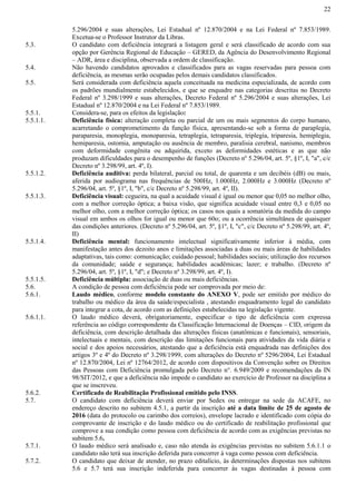 22
5.296/2004 e suas alterações, Lei Estadual nº 12.870/2004 e na Lei Federal nº 7.853/1989.
Excetua-se o Professor Instrutor da Libras.
5.3. O candidato com deficiência integrará a listagem geral e será classificado de acordo com sua
opção por Gerência Regional de Educação – GERED, da Agência do Desenvolvimento Regional
– ADR, área e disciplina, observada a ordem de classificação.
5.4. Não havendo candidatos aprovados e classificados para as vagas reservadas para pessoa com
deficiência, as mesmas serão ocupadas pelos demais candidatos classificados.
5.5. Será considerada com deficiência aquela conceituada na medicina especializada, de acordo com
os padrões mundialmente estabelecidos, e que se enquadre nas categorias descritas no Decreto
Federal nº 3.298/1999 e suas alterações, Decreto Federal nº 5.296/2004 e suas alterações, Lei
Estadual nº 12.870/2004 e na Lei Federal nº 7.853/1989.
5.5.1. Considera-se, para os efeitos da legislação:
5.5.1.1. Deficiência física: alteração completa ou parcial de um ou mais segmentos do corpo humano,
acarretando o comprometimento da função física, apresentando-se sob a forma de paraplegia,
paraparesia, monoplegia, monoparesia, tetraplegia, tetraparesia, triplegia, triparesia, hemiplegia,
hemiparesia, ostomia, amputação ou ausência de membro, paralisia cerebral, nanismo, membros
com deformidade congênita ou adquirida, exceto as deformidades estéticas e as que não
produzam dificuldades para o desempenho de funções (Decreto nº 5.296/04, art. 5º, §1º, I, "a", c/c
Decreto nº 3.298/99, art. 4º, I).
5.5.1.2. Deficiência auditiva: perda bilateral, parcial ou total, de quarenta e um decibéis (dB) ou mais,
aferida por audiograma nas frequências de 500Hz, 1.000Hz, 2.000Hz e 3.000Hz (Decreto nº
5.296/04, art. 5º, §1º, I, "b", c/c Decreto nº 5.298/99, art. 4º, II).
5.5.1.3. Deficiência visual: cegueira, na qual a acuidade visual é igual ou menor que 0,05 no melhor olho,
com a melhor correção óptica; a baixa visão, que significa acuidade visual entre 0,3 e 0,05 no
melhor olho, com a melhor correção óptica; os casos nos quais a somatória da medida do campo
visual em ambos os olhos for igual ou menor que 60o; ou a ocorrência simultânea de quaisquer
das condições anteriores. (Decreto nº 5.296/04, art. 5º, §1º, I, "c", c/c Decreto nº 5.298/99, art. 4º,
II)
5.5.1.4. Deficiência mental: funcionamento intelectual significativamente inferior à média, com
manifestação antes dos dezoito anos e limitações associadas a duas ou mais áreas de habilidades
adaptativas, tais como: comunicação; cuidado pessoal; habilidades sociais; utilização dos recursos
da comunidade; saúde e segurança; habilidades acadêmicas; lazer; e trabalho. (Decreto nº
5.296/04, art. 5º, §1º, I, "d"; e Decreto nº 3.298/99, art. 4º, I).
5.5.1.5. Deficiência múltipla: associação de duas ou mais deficiências.
5.6. A condição de pessoa com deficiência pode ser comprovada por meio de:
5.6.1. Laudo médico, conforme modelo constante do ANEXO V, pode ser emitido por médico do
trabalho ou médico da área da saúde/especialista , atestando enquadramento legal do candidato
para integrar a cota, de acordo com as definições estabelecidas na legislação vigente.
5.6.1.1. O laudo médico deverá, obrigatoriamente, especificar o tipo de deficiência com expressa
referência ao código correspondente da Classificação Internacional de Doenças – CID, origem da
deficiência, com descrição detalhada das alterações físicas (anatômicas e funcionais), sensoriais,
intelectuais e mentais, com descrição das limitações funcionais para atividades da vida diária e
social e dos apoios necessários, atestando que a deficiência está enquadrada nas definições dos
artigos 3º e 4º do Decreto nº 3.298/1999, com alterações do Decreto nº 5296/2004, Lei Estadual
nº 12.870/2004, Lei nº 12764/2012, de acordo com dispositivos da Convenção sobre os Direitos
das Pessoas com Deficiência promulgada pelo Decreto n°. 6.949/2009 e recomendações da IN
98/SIT/2012, e que a deficiência não impede o candidato ao exercício de Professor na disciplina a
que se inscreveu.
5.6.2. Certificado de Reabilitação Profissional emitido pelo INSS.
5.7. O candidato com deficiência deverá enviar por Sedex ou entregar na sede da ACAFE, no
endereço descrito no subitem 4.5.1, a partir da inscrição até a data limite de 25 de agosto de
2016 (data do protocolo ou carimbo dos correios), envelope lacrado e identificado com cópia do
comprovante de inscrição e do laudo médico ou do certificado de reabilitação profissional que
comprove a sua condição como pessoa com deficiência de acordo com as exigências previstas no
subitem 5.6.
5.7.1. O laudo médico será analisado e, caso não atenda às exigências previstas no subitem 5.6.1.1 o
candidato não terá sua inscrição deferida para concorrer à vaga como pessoa com deficiência.
5.7.2. O candidato que deixar de atender, no prazo editalício, às determinações dispostas nos subitens
5.6 e 5.7 terá sua inscrição indeferida para concorrer às vagas destinadas à pessoa com
 