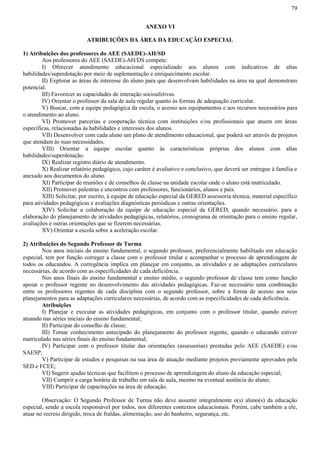 79
ANEXO VI
ATRIBUIÇÕES DA ÁREA DA EDUCAÇÃO ESPECIAL
1) Atribuições dos professores do AEE (SAEDE)-AH/SD
Aos professores do AEE (SAEDE)-AH/DS compete:
I) Oferecer atendimento educacional especializado aos alunos com indicativos de altas
habilidades/superdotação por meio de suplementação e enriquecimento escolar.
II) Explorar as áreas de interesse do aluno para que desenvolvam habilidades na área na qual demonstram
potencial.
III) Favorecer as capacidades de interação socioafetivas.
IV) Orientar o professor da sala de aula regular quanto às formas de adequação curricular.
V) Buscar, com a equipe pedagógica da escola, o acesso aos equipamentos e aos recursos necessários para
o atendimento ao aluno.
VI) Promover parcerias e cooperação técnica com instituições e/ou profissionais que atuem em áreas
específicas, relacionadas às habilidades e interesses dos alunos.
VII) Desenvolver com cada aluno um plano de atendimento educacional, que poderá ser através de projetos
que atendam às suas necessidades.
VIII) Orientar a equipe escolar quanto às características próprias dos alunos com altas
habilidades/superdotação.
IX) Realizar registro diário de atendimento.
X) Realizar relatório pedagógico, cujo caráter é avaliativo e conclusivo, que deverá ser entregue à família e
anexado aos documentos do aluno.
XI) Participar de reuniões e de conselhos de classe na unidade escolar onde o aluno está matriculado.
XII) Promover palestras e encontros com professores, funcionários, alunos e pais.
XIII) Solicitar, por escrito, à equipe de educação especial da GERED assessoria técnica, material específico
para atividades pedagógicas e avaliações diagnósticas periódicas e outras orientações.
XIV) Solicitar a colaboração da equipe de educação especial da GERED, quando necessário, para a
elaboração do planejamento de atividades pedagógicas, relatórios, cronograma de orientação para o ensino regular,
avaliações e outras orientações que se fizerem necessárias.
XV) Orientar a escola sobre a aceleração escolar.
2) Atribuições do Segundo Professor de Turma
Nos anos iniciais do ensino fundamental, o segundo professor, preferencialmente habilitado em educação
especial, tem por função correger a classe com o professor titular e acompanhar o processo de aprendizagem de
todos os educandos. A corregência implica em planejar em conjunto, as atividades e as adaptações curriculares
necessárias, de acordo com as especificidades de cada deficiência.
Nos anos finais do ensino fundamental e ensino médio, o segundo professor de classe tem como função
apoiar o professor regente no desenvolvimento das atividades pedagógicas. Faz-se necessário uma combinação
entre os professores regentes de cada disciplina com o segundo professor, sobre a forma de acesso aos seus
planejamentos para as adaptações curriculares necessárias, de acordo com as especificidades de cada deficiência.
Atribuições
I) Planejar e executar as atividades pedagógicas, em conjunto com o professor titular, quando estiver
atuando nas séries iniciais do ensino fundamental;
II) Participar do conselho de classe;
III) Tomar conhecimento antecipado do planejamento do professor regente, quando o educando estiver
matriculado nas séries finais do ensino fundamental;
IV) Participar com o professor titular das orientações (assessorias) prestadas pelo AEE (SAEDE) e/ou
SAESP;
V) Participar de estudos e pesquisas na sua área de atuação mediante projetos previamente aprovados pela
SED e FCEE;
VI) Sugerir ajudas técnicas que facilitem o processo de aprendizagem do aluno da educação especial;
VII) Cumprir a carga horária de trabalho em sala de aula, mesmo na eventual ausência do aluno;
VIII) Participar de capacitações na área de educação.
Observação: O Segundo Professor de Turma não deve assumir integralmente o(s) aluno(s) da educação
especial, sendo a escola responsável por todos, nos diferentes contextos educacionais. Porém, cabe também a ele,
atuar no recreio dirigido, troca de fraldas, alimentação, uso do banheiro, segurança, etc.
 